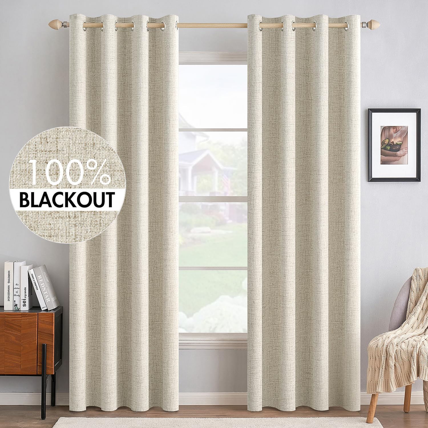 MIULEE 100% Blackout Linen Curtains for Bedroom Thermal Insulated Birch Grommet Room Darkening Curtains & Drapes for Living Room Nursery 52 x 96 Inch (2 Panels)