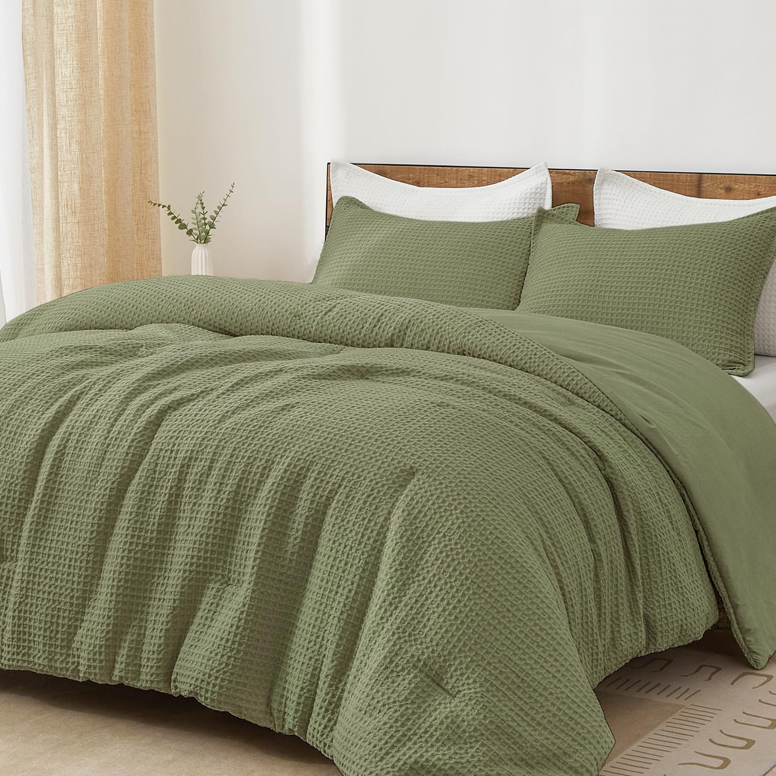 PHF Ultra Soft Waffle Weave Comforter Set Queen Size, 3 Pieces Lightweight Breathable Comfy Bedding Set, Comfy Textured 1 Comforter with 2 Pillow Shams, Linen