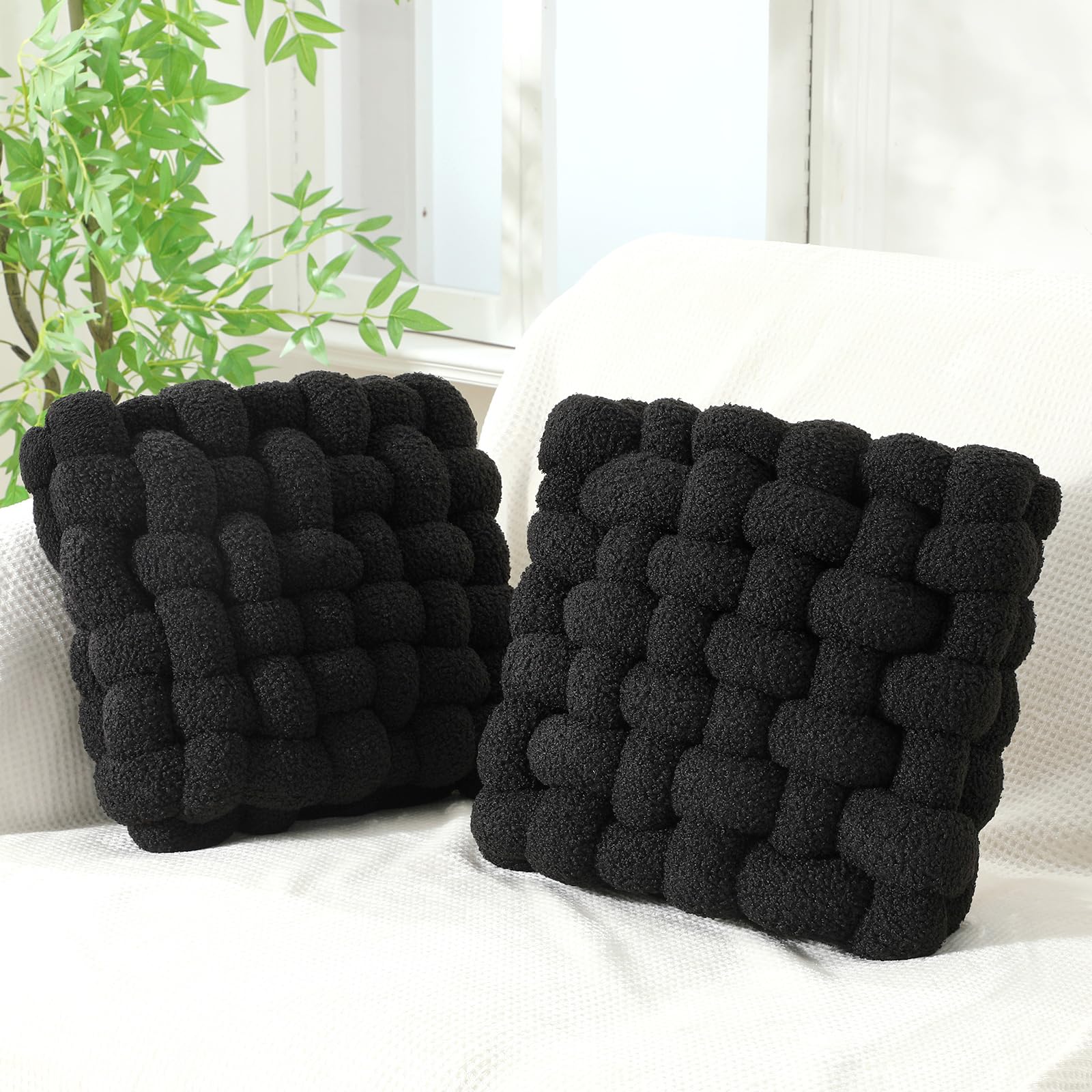 Wenqik 2 Pcs Knot Pillows Square Knotted Plush Throws Soft Accent Pillows Decoration Cushion for Couch Home Office Living Room Bedroom Bed Sofa Decor, 12'' x 13''(Cream White,Lambswool)