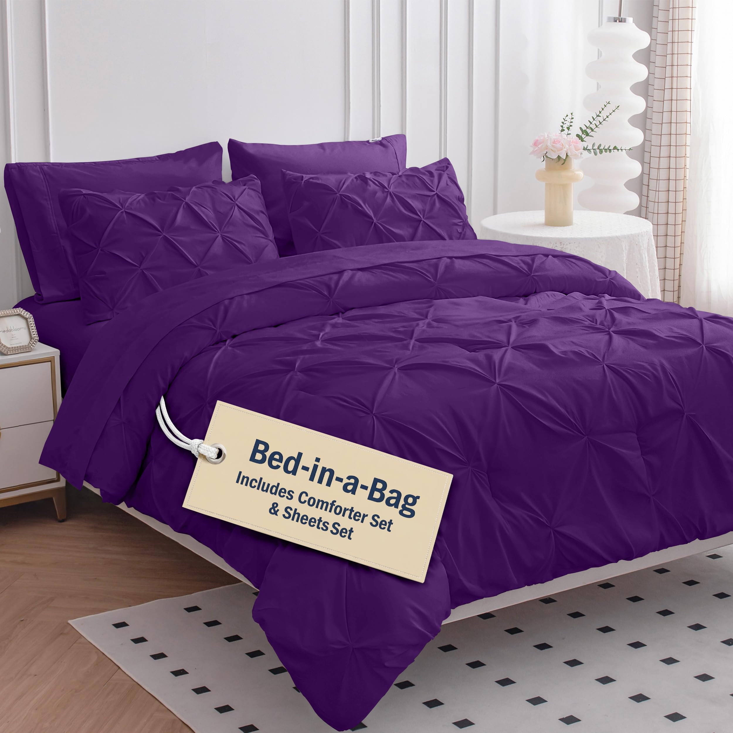 LANE LINEN Full Size Bed Comforter - 7 Piece - Refined Pintuck Finish for Hotel Style Bedding - Breathable Microfiber Bed in a Bag Comforter - Ideal for Apartments & First Homes - French Blue | Hotel sleep feel