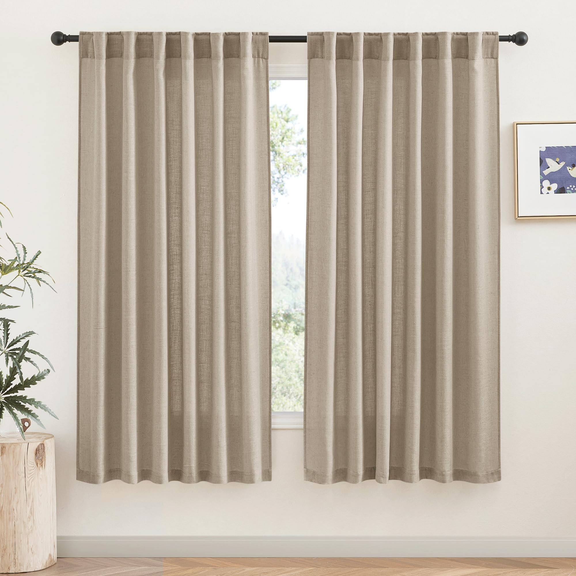 RYB HOME Farmhouse Sheer Curtains 108 inch Length, Semi Sheer Curtain & Drapes Large Window Dressing Lights & Winds Filter for Bedroom Home Office Living Room, Linen, W 70 x L 108 inch Long, 1 Pair