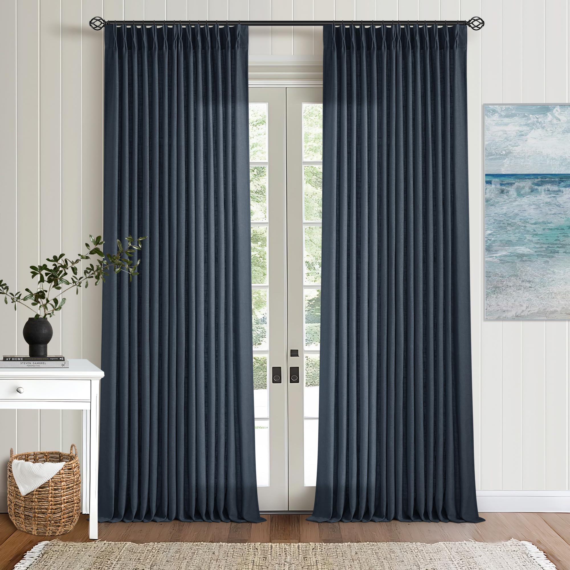 90 Inch Pinch Pleated Linen Curtains 2 Panel Set for Living Room Cream Natural Thick Linen Textured Drapes 90 Inches Long Pinch Pleat Drapes Birch Ivory Semi Sheer Curtain for Dining Bedroom Office