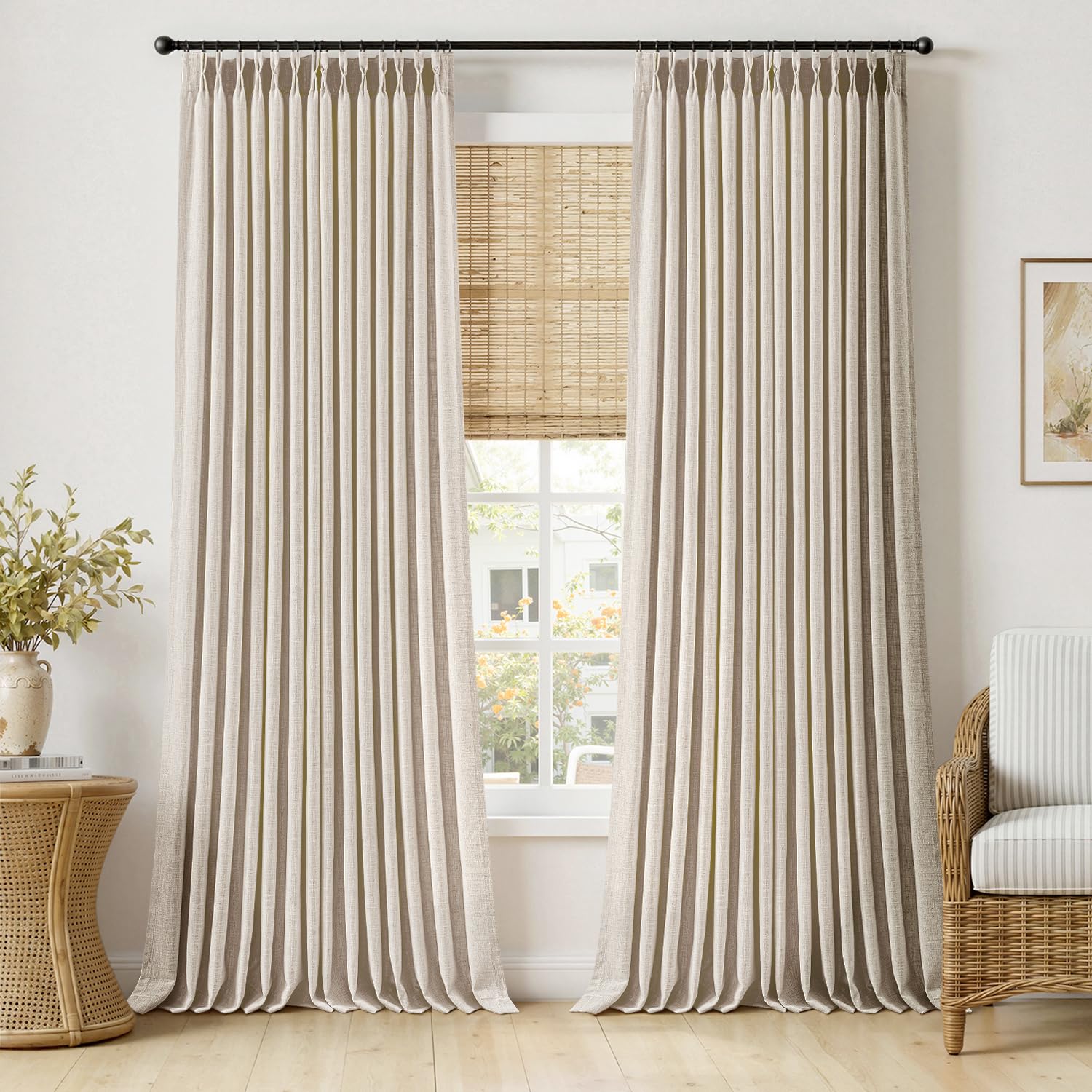 MIULEE Pinch Pleated Thick Linen Curtains 90 Inches Long 2 Panels for Living Room Bedroom, Linen Texture Memory Trained Drapes Pinch Pleat Rustic Farmhouse Window Curtains with Hooks&Rings, Taupe