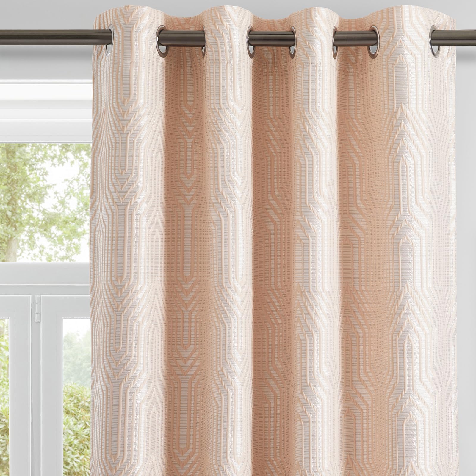 Beige and Silvery 100% Blackout Jacquard Geometric Pattern Curtains,52 Inch Wide 84 Inches Long 2 Panels, Thermal Insulated Noise Reducing Anti-Rust Grommet Drapes for Bedroom Living Room, Cream