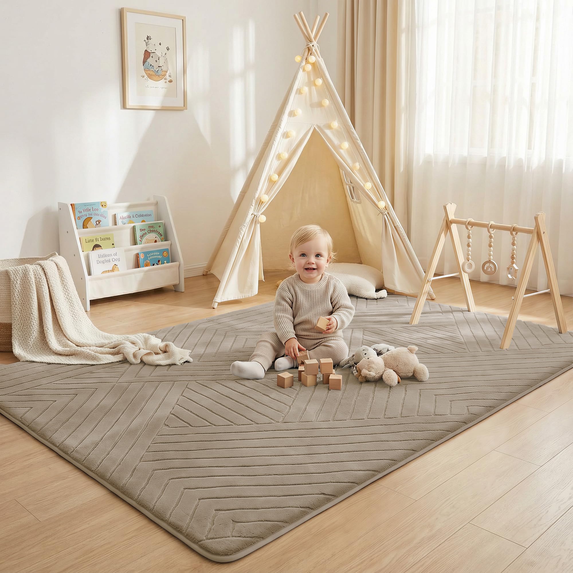 Baby Play Mat for Floor 1.3" Thick Soft Fluffy Shaggy Rug for Toddler Infant Kids Crawling, 79"x 118" Nursery Mat Bedroom Living Room Waterproof Easy Care Non-Slip (Dark Grey)