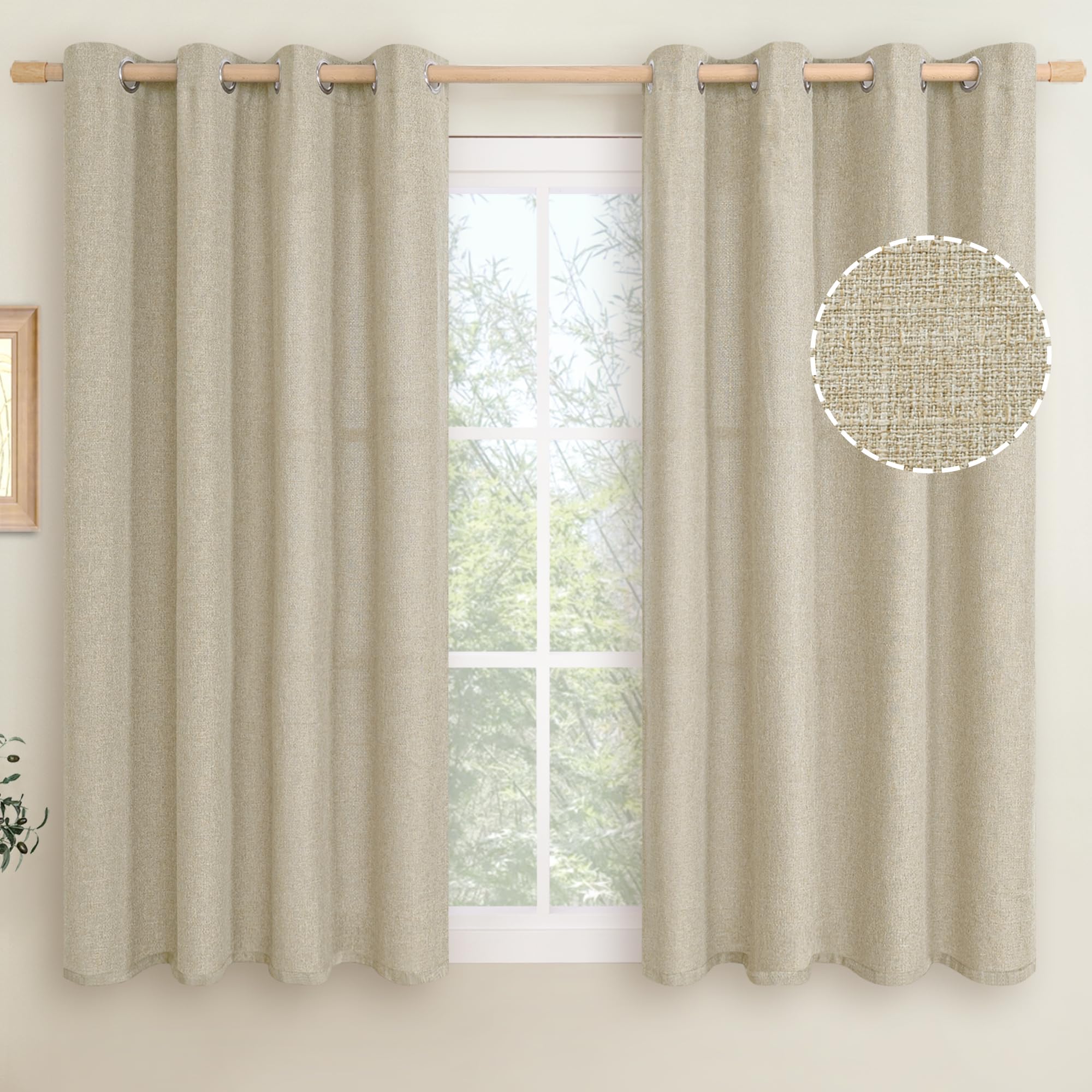 LAMIT Natural Beige Linen Curtains for Bedroom, 84 inches Grommet Thermal Insulated Thick Burlap Farmhouse Neutral Curtains Noise Reducing Light Filtering Drapes for Living Room, 2 Panels, W60 x L84