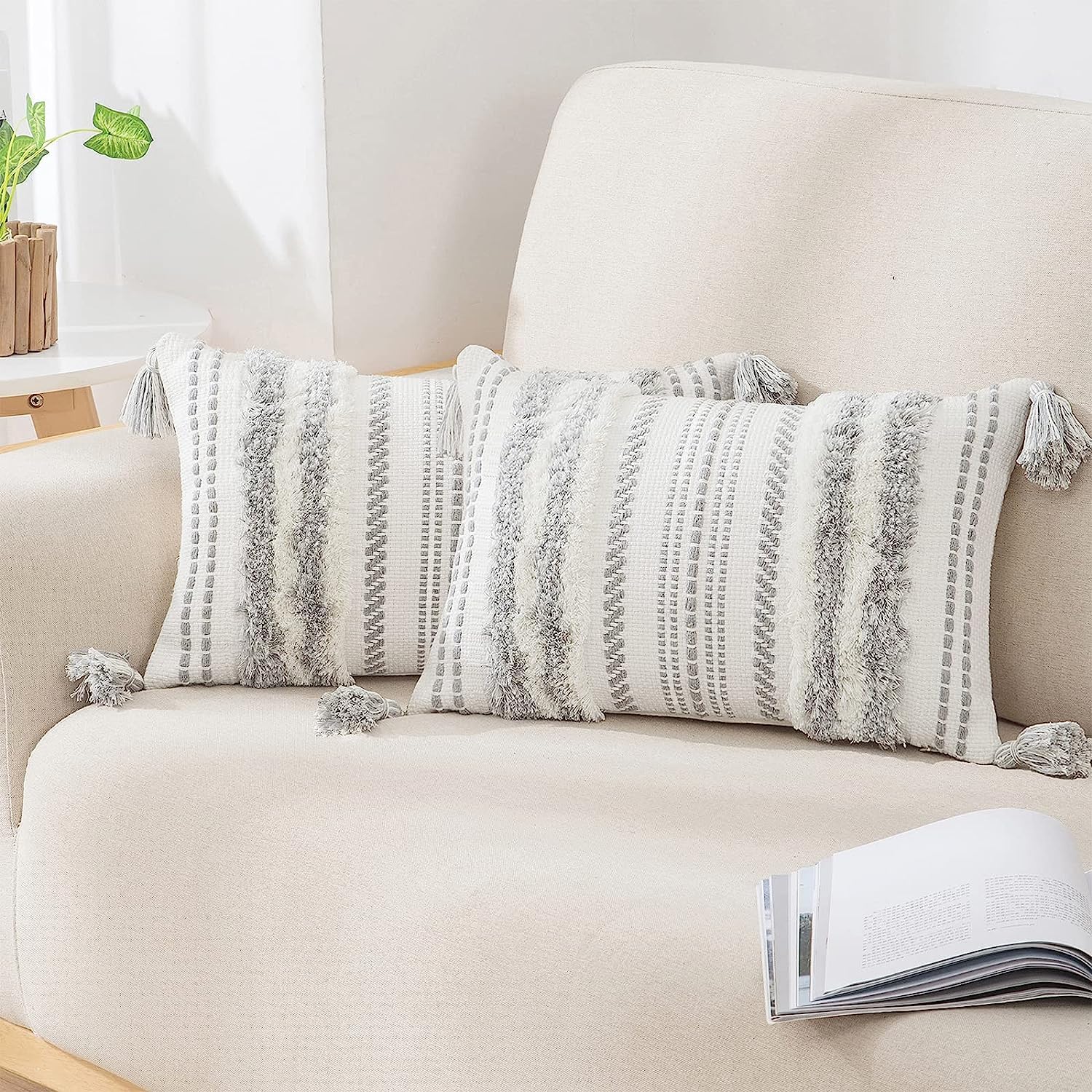 decorUhome Summer Decorative Boho Throw Pillow Covers 20x20 Set of 2, Accent Neutral Textured Tufted Pillow Covers Striped for Couch Bed Sofa Living Room, Light Grey and Cream White
