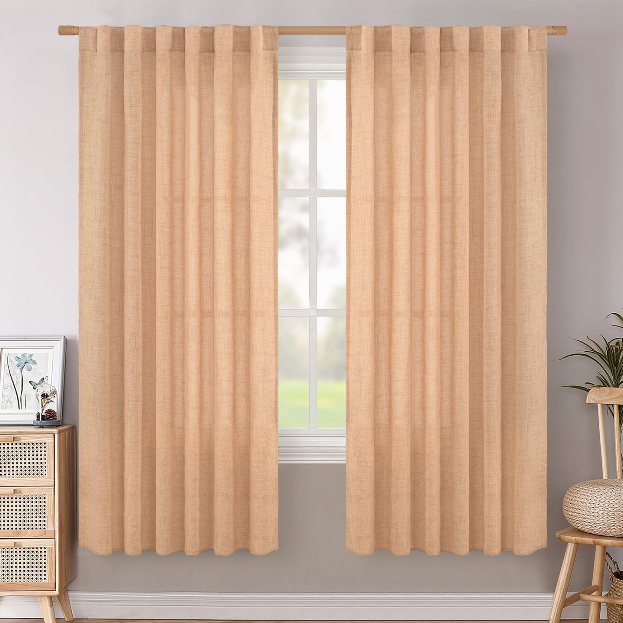 BGment Long 102 Inch Length Linen Curtains for Living Room, Natural Rod Pocket Textured Burlap Drapes Rustic Country Light Filtering for Bedroom Semi Sheer Back Tab, 2 Panel, 52 Inch Wide Each Panel