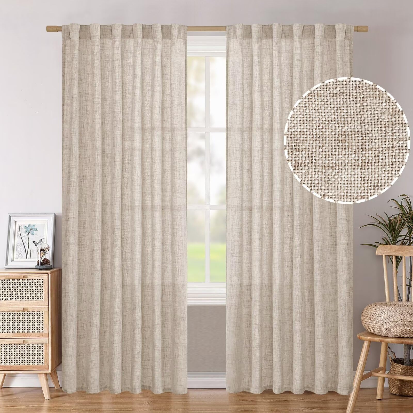 BGment Long 102 Inch Length Linen Curtains for Living Room, Natural Rod Pocket Textured Burlap Drapes Rustic Country Light Filtering for Bedroom Semi Sheer Back Tab, 2 Panel, 52 Inch Wide Each Panel