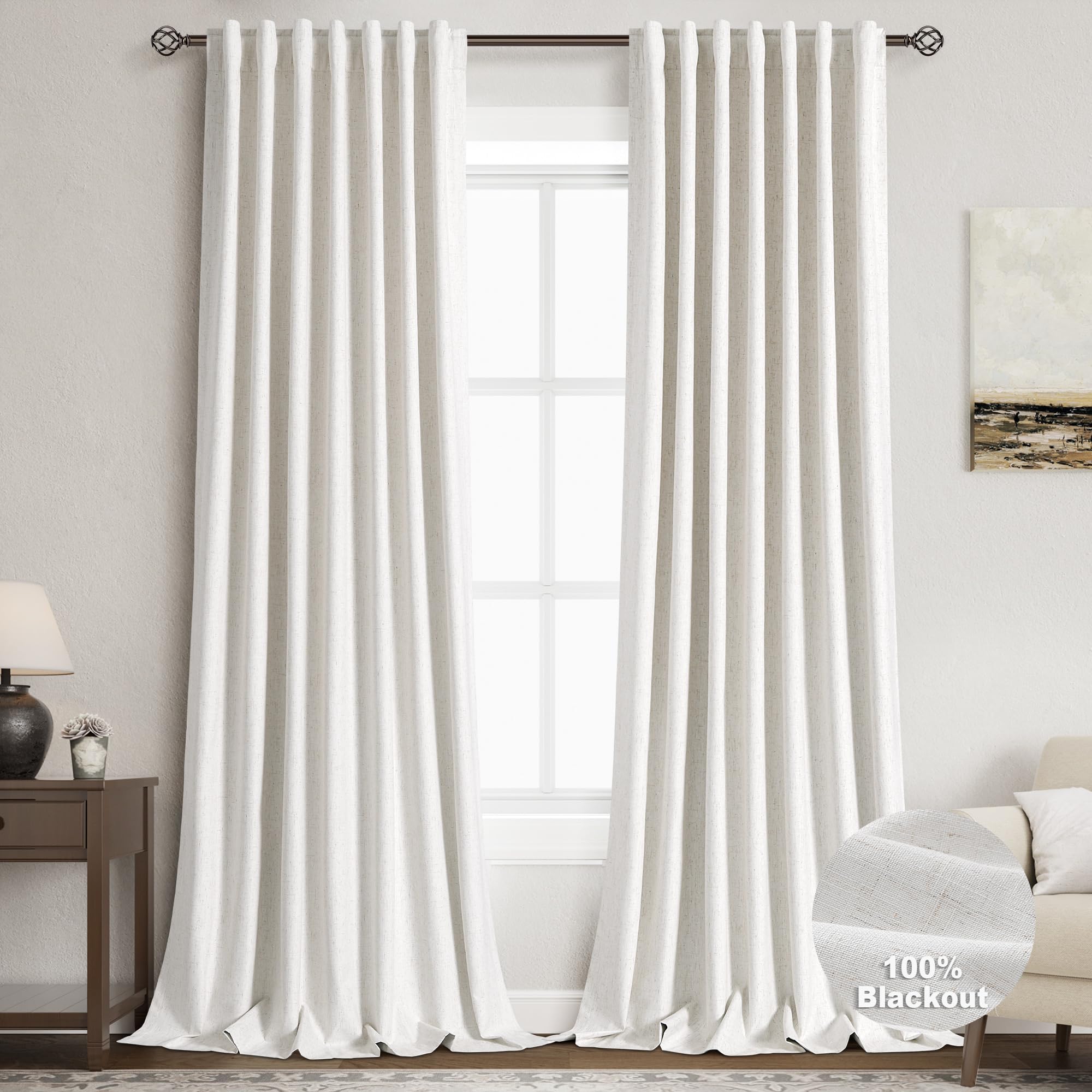 Nanspring Light Grey 100% Blackout Linen Curtains for Bedroom 90 Inches Long Back Tab Thermal Insulated Modern Luxury Simple Black Out Curtain for Living Room Dining Room Drapes 52x90, 2 Panels
