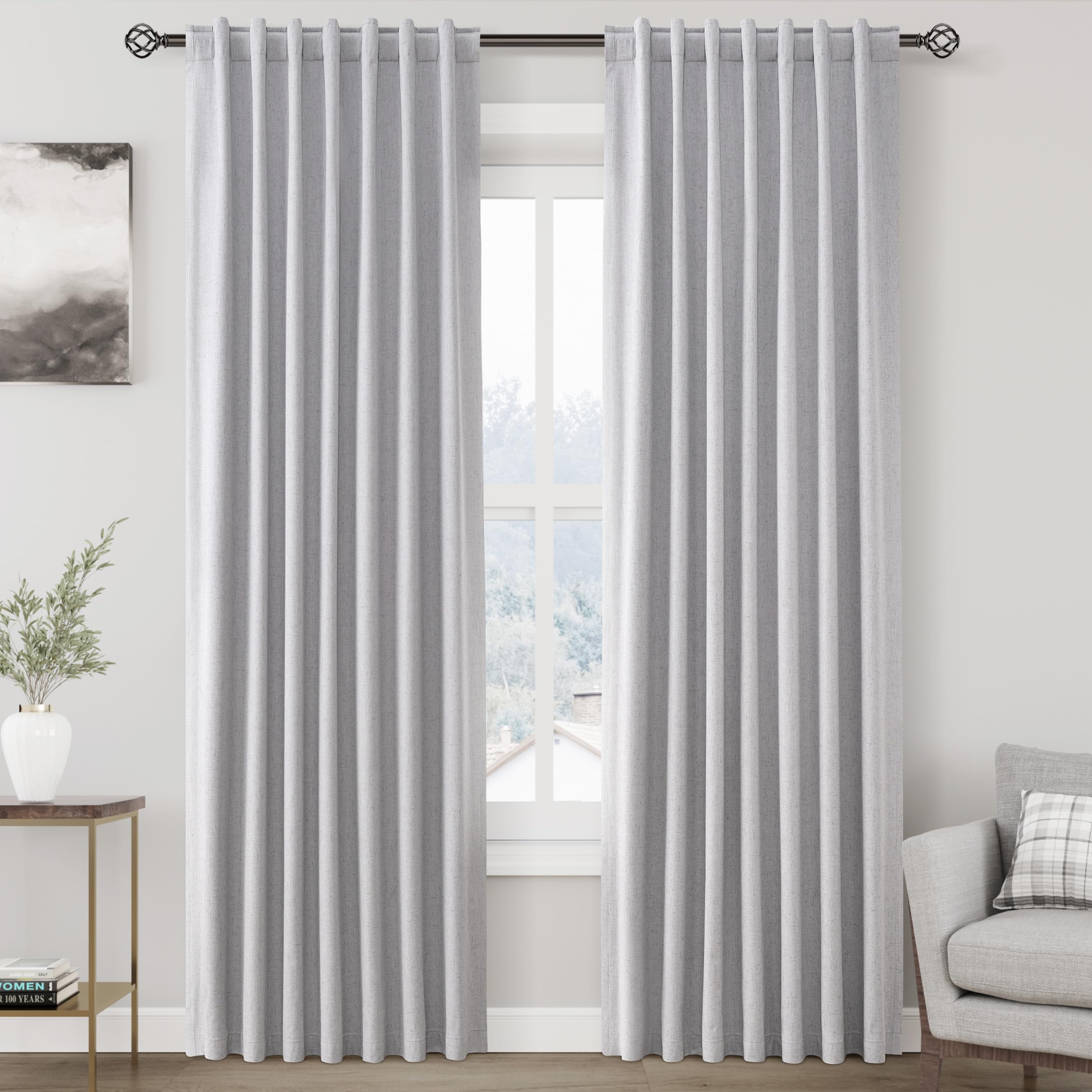 Nanspring Light Grey 100% Blackout Linen Curtains for Bedroom 90 Inches Long Back Tab Thermal Insulated Modern Luxury Simple Black Out Curtain for Living Room Dining Room Drapes 52x90, 2 Panels