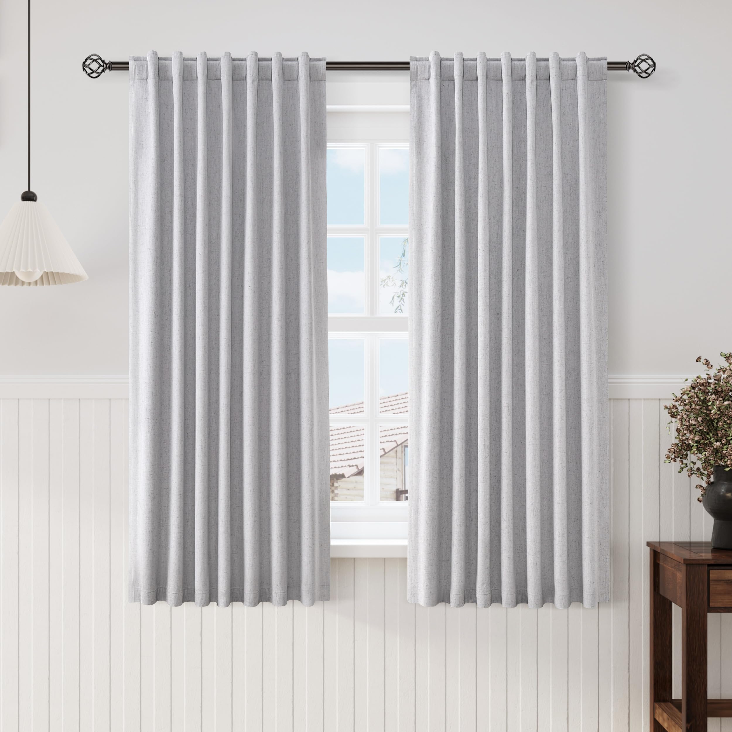 Nanspring Light Grey 100% Blackout Linen Curtains for Bedroom 90 Inches Long Back Tab Thermal Insulated Modern Luxury Simple Black Out Curtain for Living Room Dining Room Drapes 52x90, 2 Panels