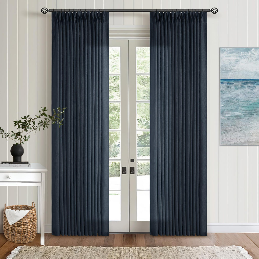 90 Inch Pinch Pleated Linen Curtains 2 Panel Set for Living Room Cream Natural Thick Linen Textured Drapes 90 Inches Long Pinch Pleat Drapes Birch Ivory Semi Sheer Curtain for Dining Bedroom Office