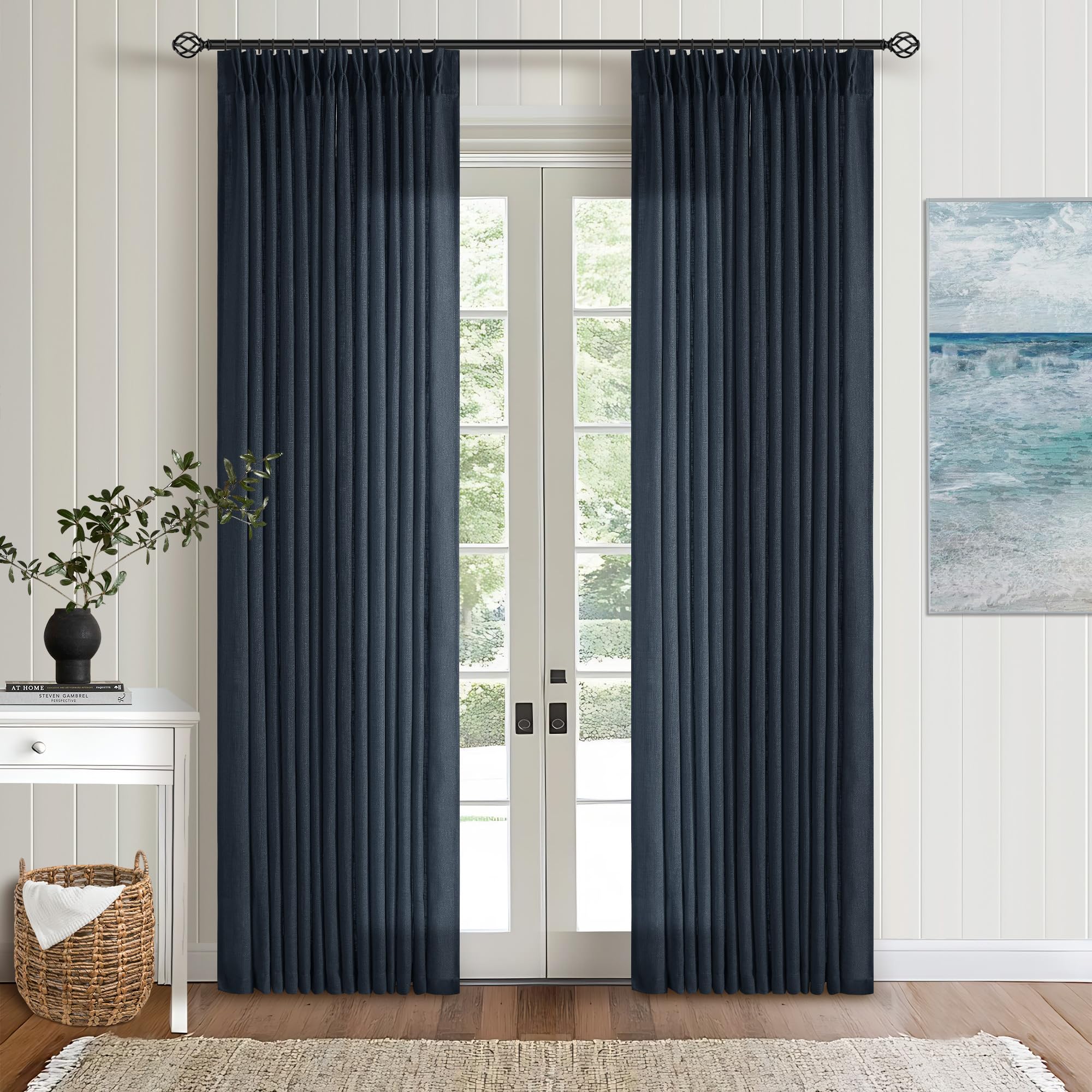 90 Inch Pinch Pleated Linen Curtains 2 Panel Set for Living Room Cream Natural Thick Linen Textured Drapes 90 Inches Long Pinch Pleat Drapes Birch Ivory Semi Sheer Curtain for Dining Bedroom Office