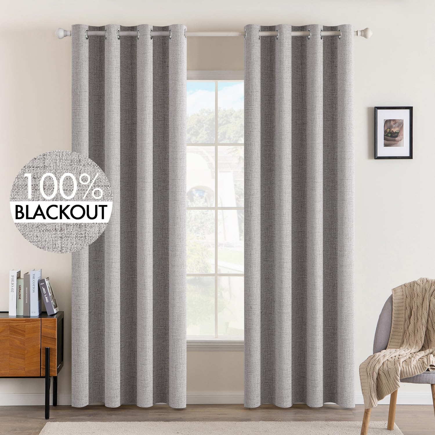 MIULEE 100% Blackout Linen Curtains for Bedroom Thermal Insulated Birch Grommet Room Darkening Curtains & Drapes for Living Room Nursery 52 x 96 Inch (2 Panels)