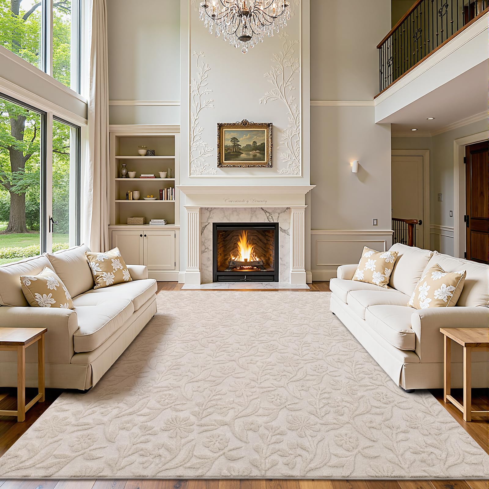 Vaukki Round Rug for Living Room, Soft Fluffy Washable Modern Floral Indoor Floor Mat, Non Slip Shaggy Boho Accent Throw Carpet for Bedroom, Living Room, Nursery and Dining Room, Beige, Round-6Ft
