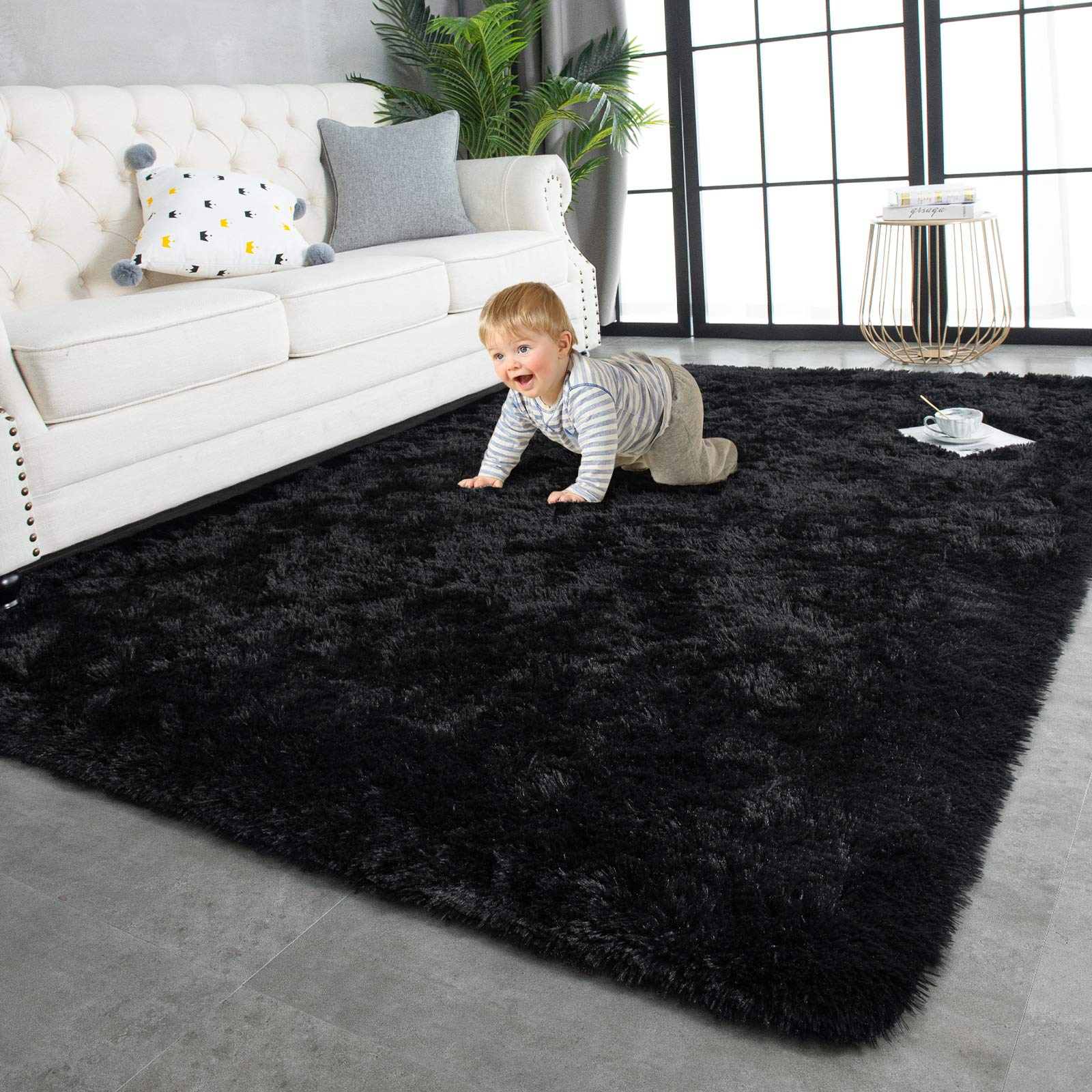 TWINNIS Super Soft Shaggy Rugs Fluffy Carpets, 6x9 Feet, Indoor Modern Plush Area Rugs for Living Room Bedroom Kids Room Nursery Home Decor, Upgrade Anti-Skid Rectangular Fuzzy Rug, Black Gray