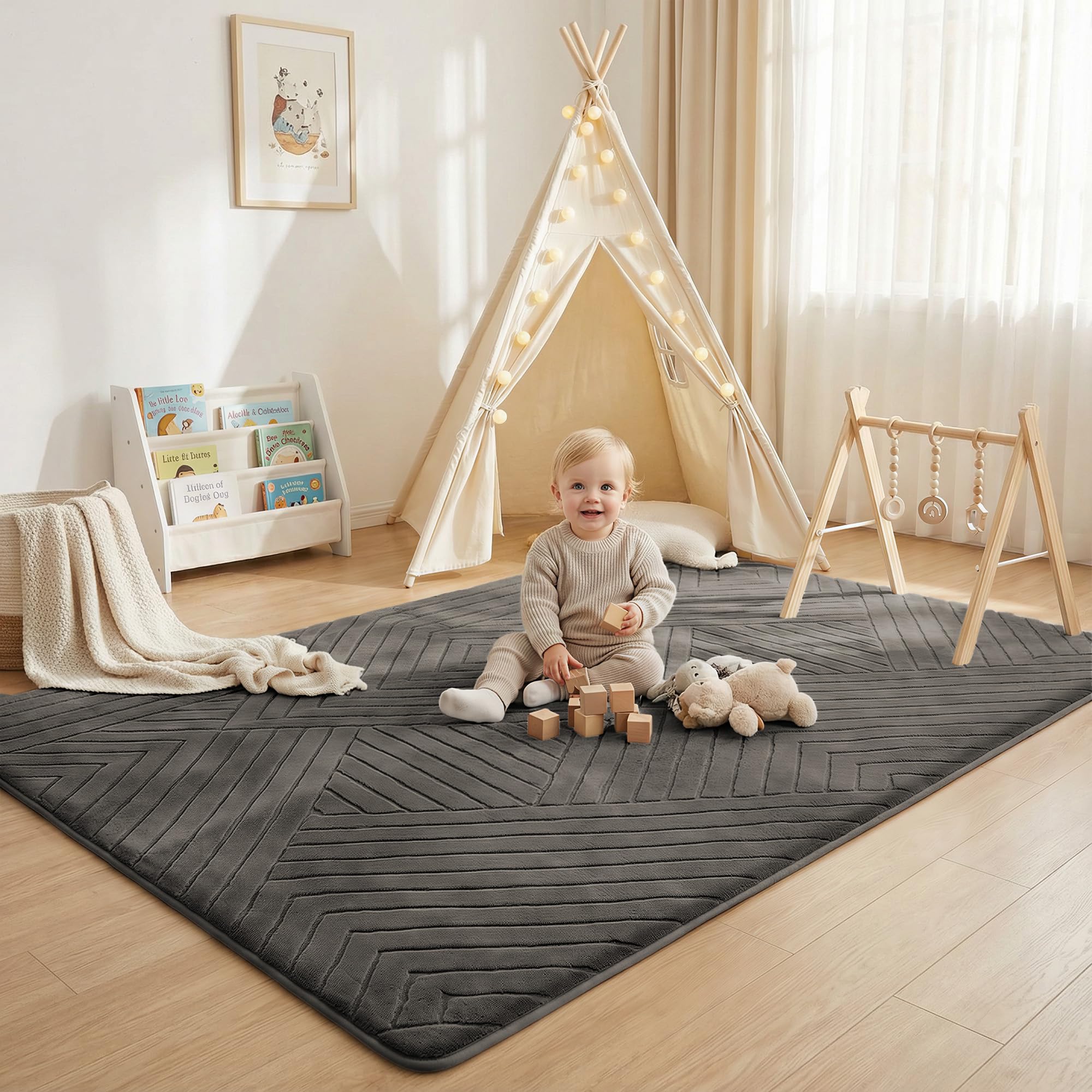 Baby Play Mat for Floor 1.3" Thick Soft Fluffy Shaggy Rug for Toddler Infant Kids Crawling, 79"x 118" Nursery Mat Bedroom Living Room Waterproof Easy Care Non-Slip (Dark Grey)