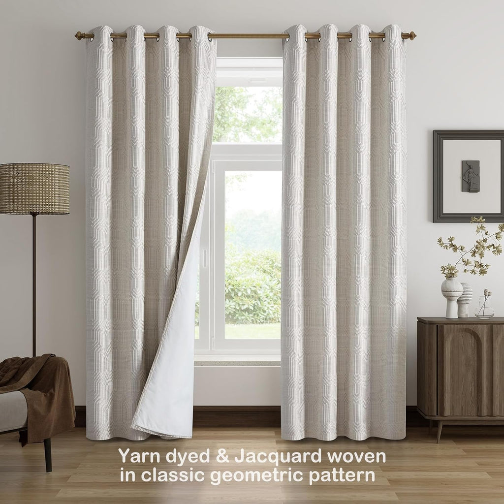 Beige and Silvery 100% Blackout Jacquard Geometric Pattern Curtains,52 Inch Wide 84 Inches Long 2 Panels, Thermal Insulated Noise Reducing Anti-Rust Grommet Drapes for Bedroom Living Room, Cream