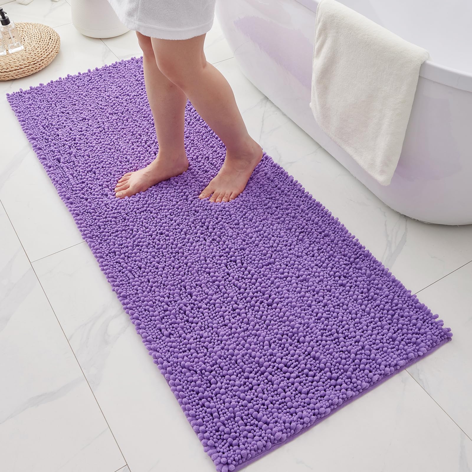 Bathroom Rugs Non Slip Washable 70x24, Extra Thick Soft Chenille Absorbent Bath Mat, High Density Barrier Non Slip Backing, Quick Dry Plush Shaggy Floor Carpet for Tub&Shower, White