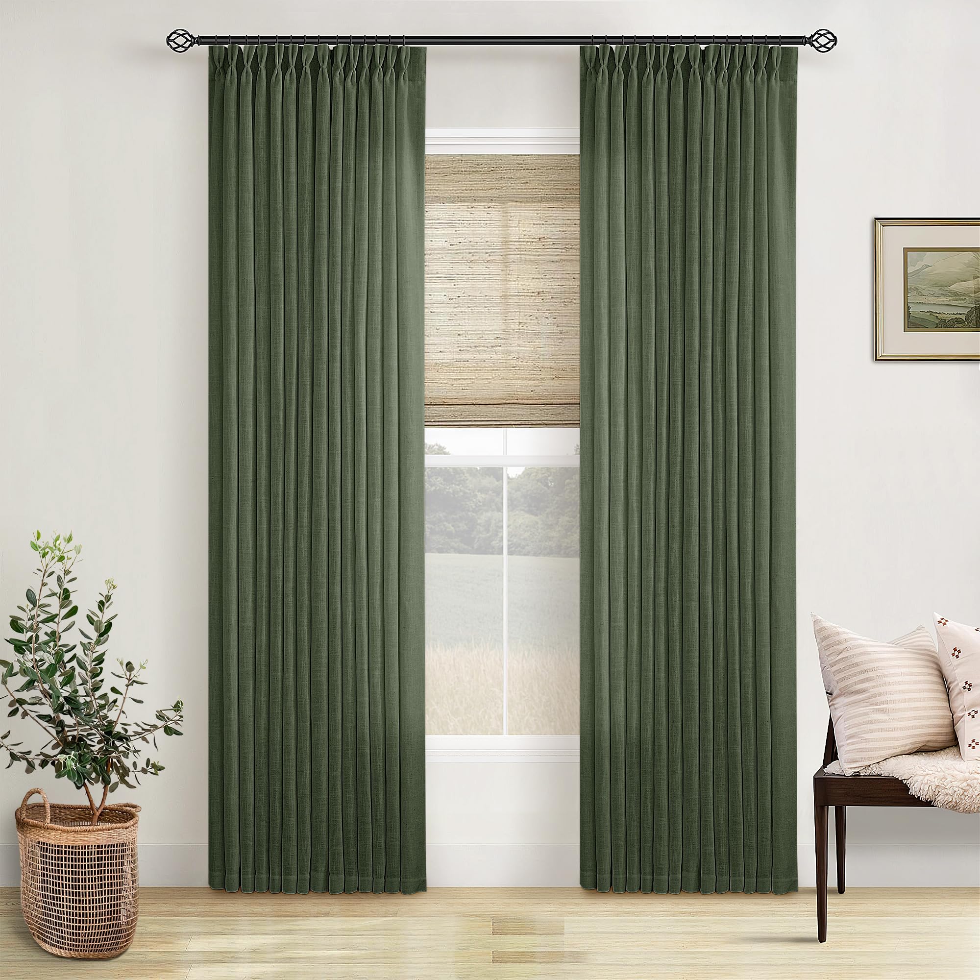 90 Inch Pinch Pleated Linen Curtains 2 Panel Set for Living Room Cream Natural Thick Linen Textured Drapes 90 Inches Long Pinch Pleat Drapes Birch Ivory Semi Sheer Curtain for Dining Bedroom Office