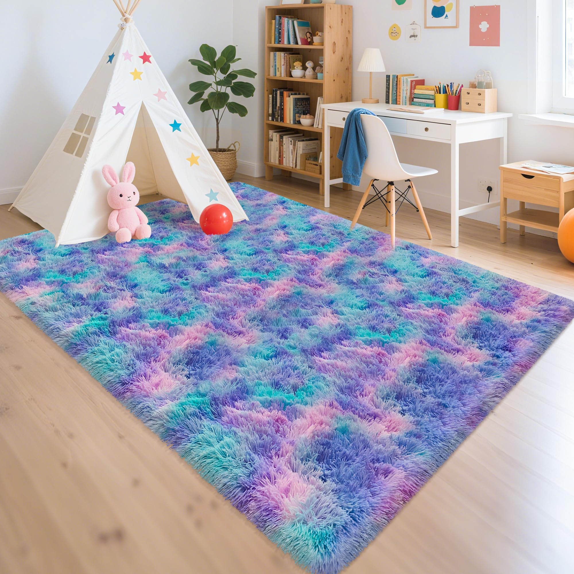 5x8 Ft Light Grey Large Area Rugs for Bedroom,Fluffy Furry Rug Floor Carpets Shaggy Playing Mat for Kids Baby Girls Room Nursery Home Decor Tie Dyed Gray Thick Rugs Fuzzy Home Decor