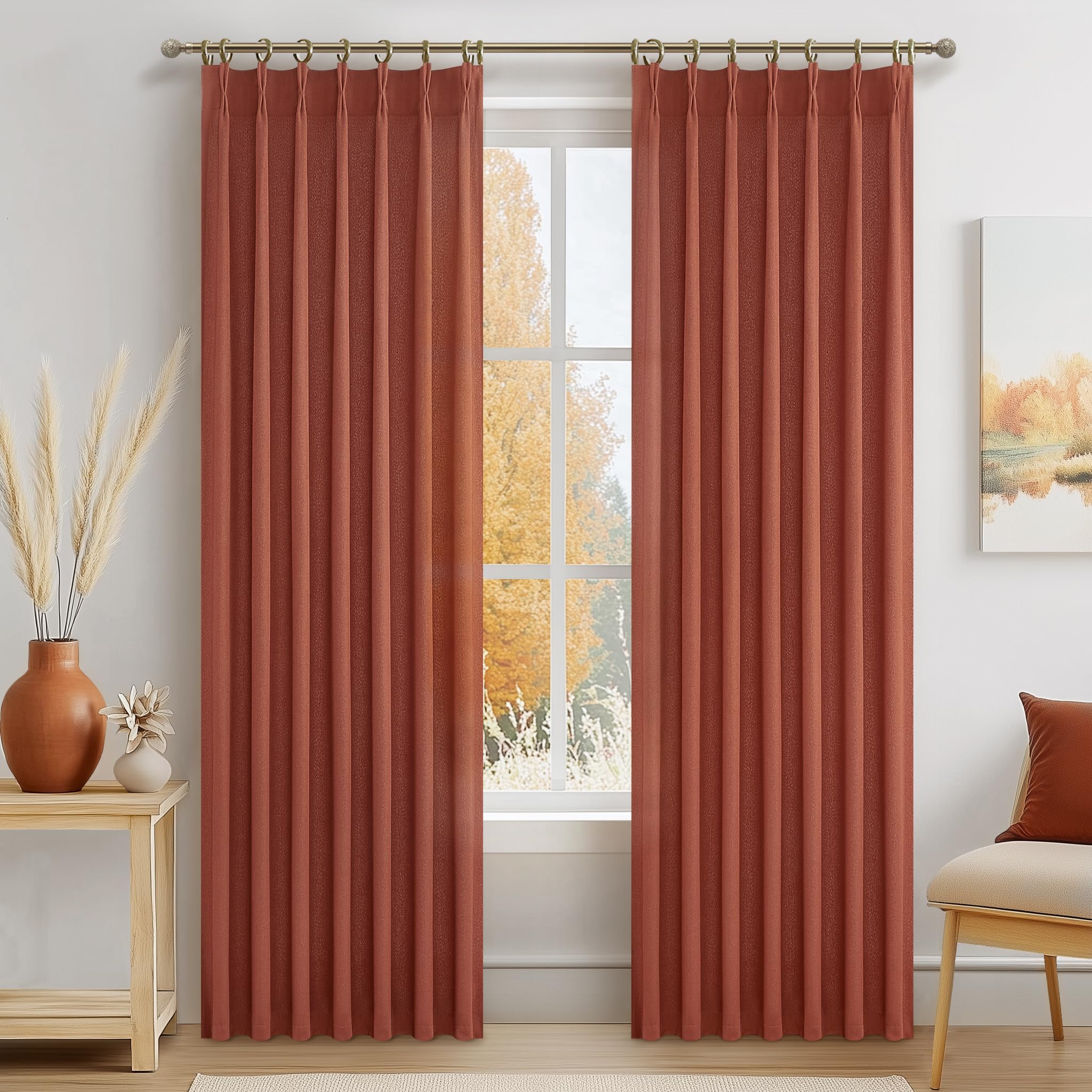 PleatedDrapes 96 Inch Curtains 2 Panel Set, Modern Linen Pleat Back Tab Dining Room Window Curtains Light Filtering Aesthetic Semi Sheer Living Room Drapes with Hooks Ring Cream Oatmeal W40 x L96