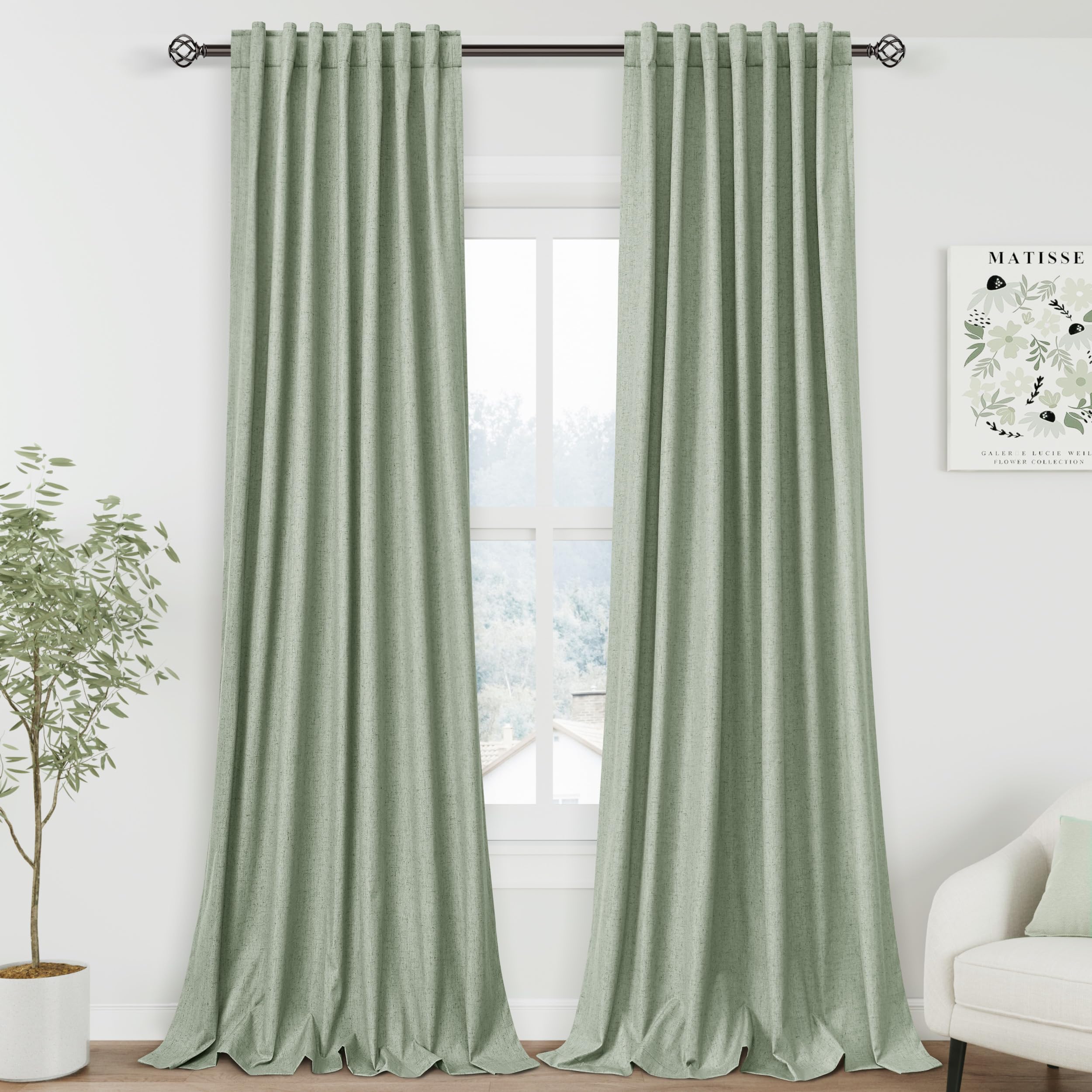 Nanspring Light Grey 100% Blackout Linen Curtains for Bedroom 90 Inches Long Back Tab Thermal Insulated Modern Luxury Simple Black Out Curtain for Living Room Dining Room Drapes 52x90, 2 Panels