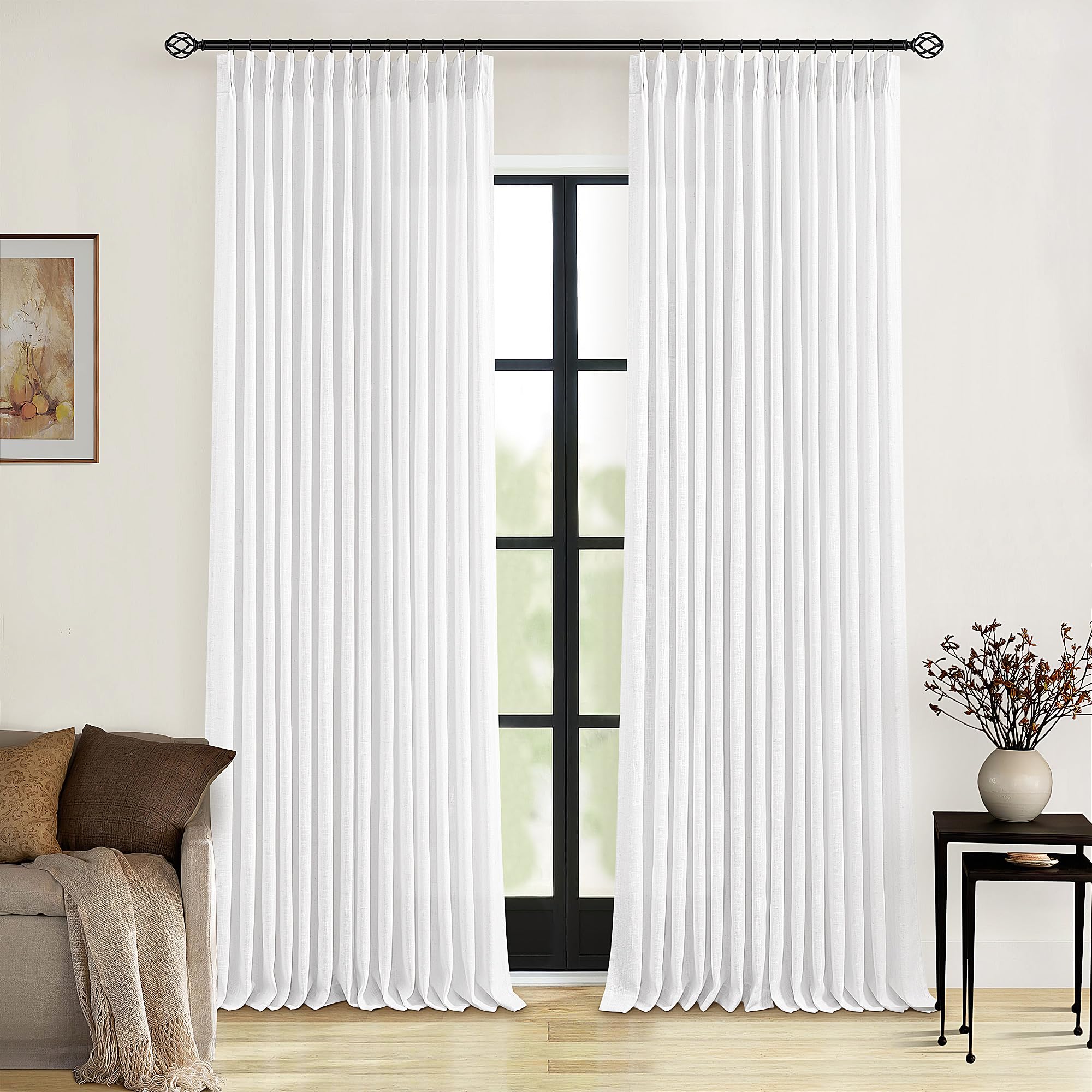 90 Inch Pinch Pleated Linen Curtains 2 Panel Set for Living Room Cream Natural Thick Linen Textured Drapes 90 Inches Long Pinch Pleat Drapes Birch Ivory Semi Sheer Curtain for Dining Bedroom Office
