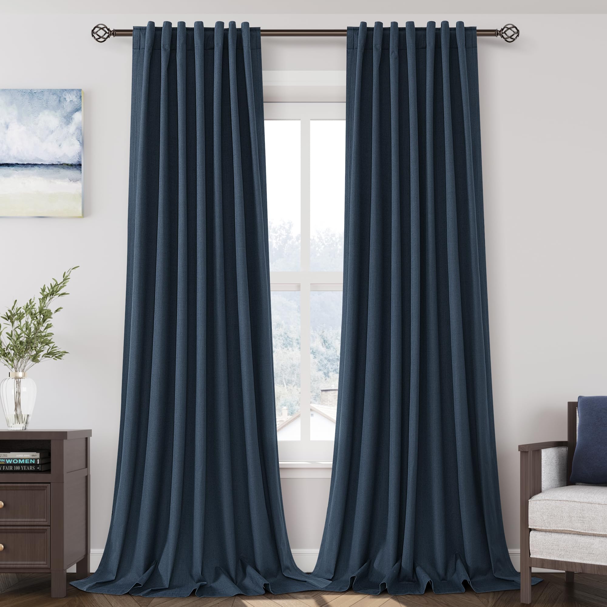 Nanspring Light Grey 100% Blackout Linen Curtains for Bedroom 90 Inches Long Back Tab Thermal Insulated Modern Luxury Simple Black Out Curtain for Living Room Dining Room Drapes 52x90, 2 Panels