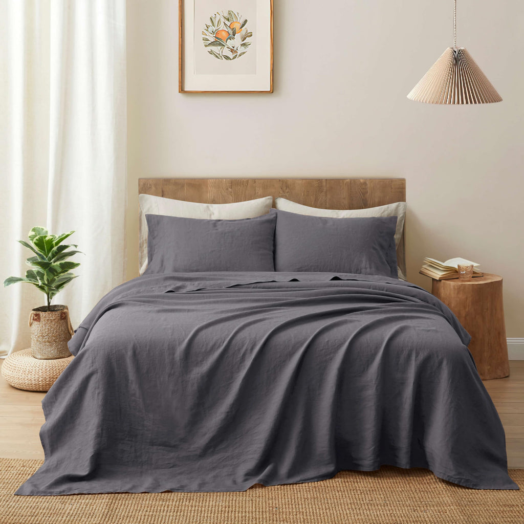 ATLINIA 100% Pure Flax Linen Bedding Set - Stone Washed French Linen Fabric Deep Pocket Fitted Sheet Farmhouse Flat Sheet 2 Pillowcases (Natural, Queen)