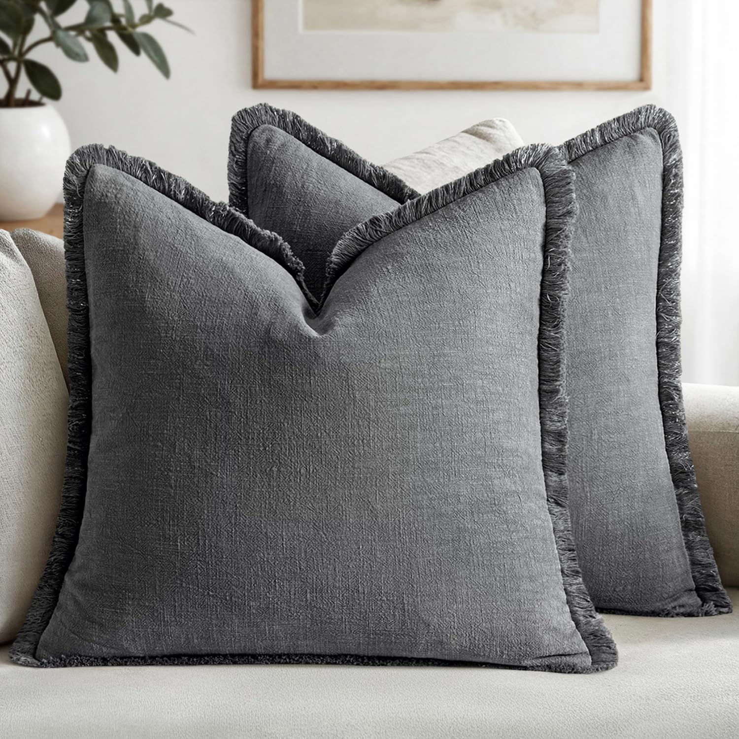 MIULEE Decorative Throw Pillow Covers Neutral Linen Fringe Throw Pillows Euro Shams Set of 2 Sage Green Boho Farmhouse Cushion Covers for Couch Sofa Bed Living Room Spring Home Decor 26x26 Inch