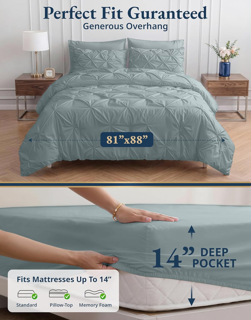 LANE LINEN Full Size Bed Comforter - 7 Piece - Refined Pintuck Finish for Hotel Style Bedding - Breathable Microfiber Bed in a Bag Comforter - Ideal for Apartments & First Homes - French Blue | Hotel sleep feel