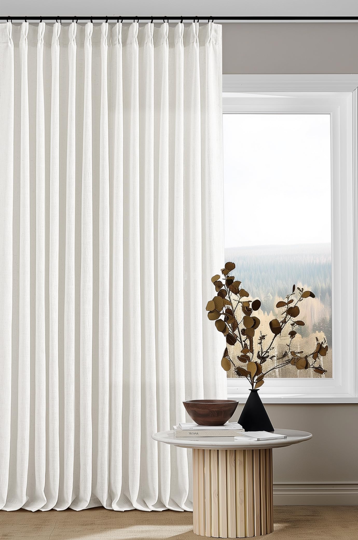 90 Inch Pinch Pleated Linen Curtains 2 Panel Set for Living Room Cream Natural Thick Linen Textured Drapes 90 Inches Long Pinch Pleat Drapes Birch Ivory Semi Sheer Curtain for Dining Bedroom Office