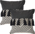 HomeRoots Set of Two Black and White Chevron Cotton Throw Pillow with Tassels