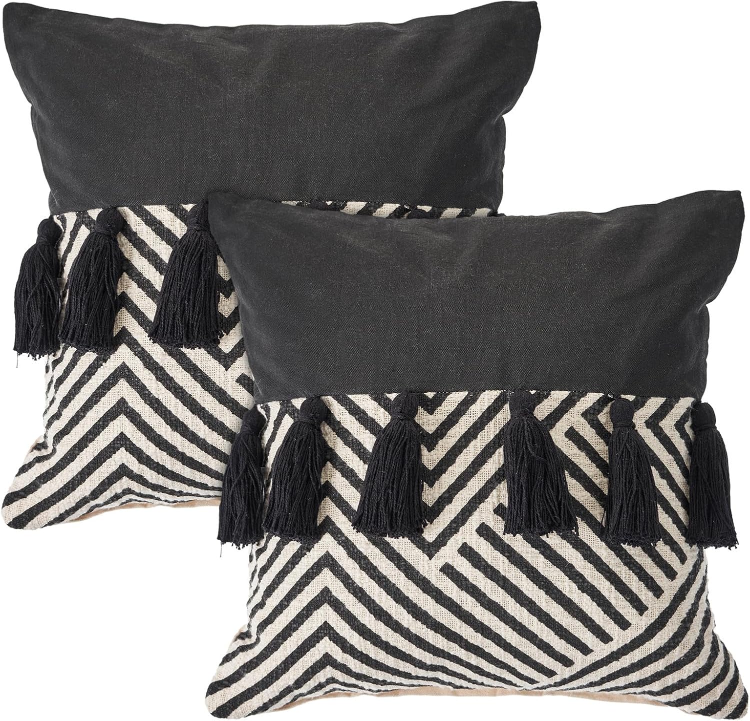 HomeRoots Set of Two Black and White Chevron Cotton Throw Pillow with Tassels