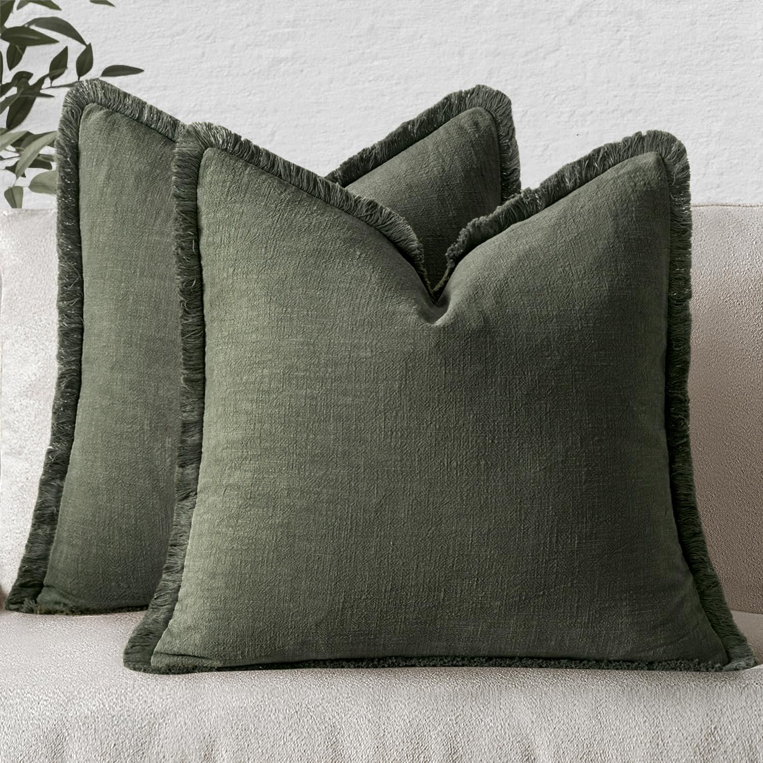 MIULEE Decorative Throw Pillow Covers Neutral Linen Fringe Throw Pillows Euro Shams Set of 2 Brown Boho Farmhouse Cushion Covers for Couch Sofa Bed Living Room Spring Home Decor 26x26 Inch