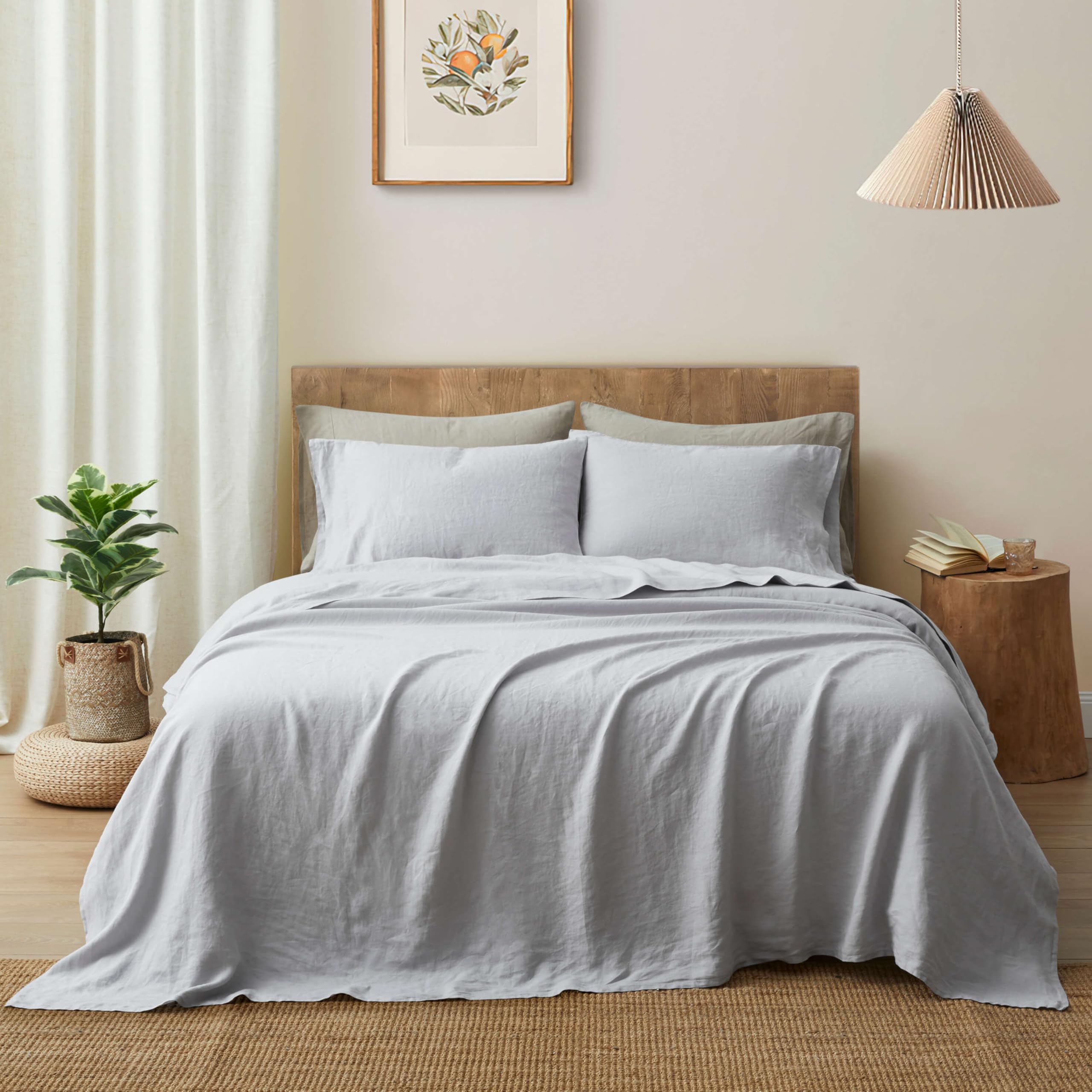 ATLINIA 100% Pure Flax Linen Bedding Set - Stone Washed French Linen Fabric Deep Pocket Fitted Sheet Farmhouse Flat Sheet 2 Pillowcases (Natural, Queen)