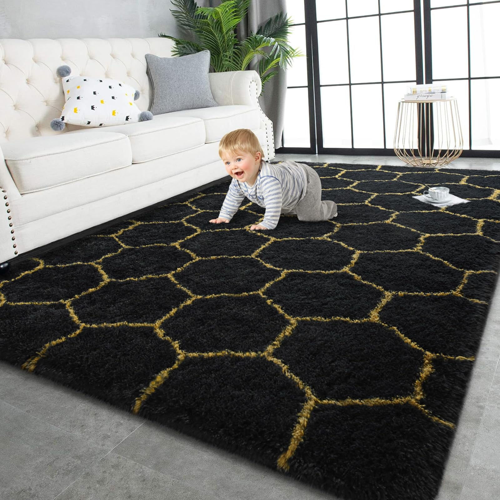 TWINNIS Super Soft Shaggy Rugs Fluffy Carpets, 6x9 Feet, Indoor Modern Plush Area Rugs for Living Room Bedroom Kids Room Nursery Home Decor, Upgrade Anti-Skid Rectangular Fuzzy Rug, Black Gray