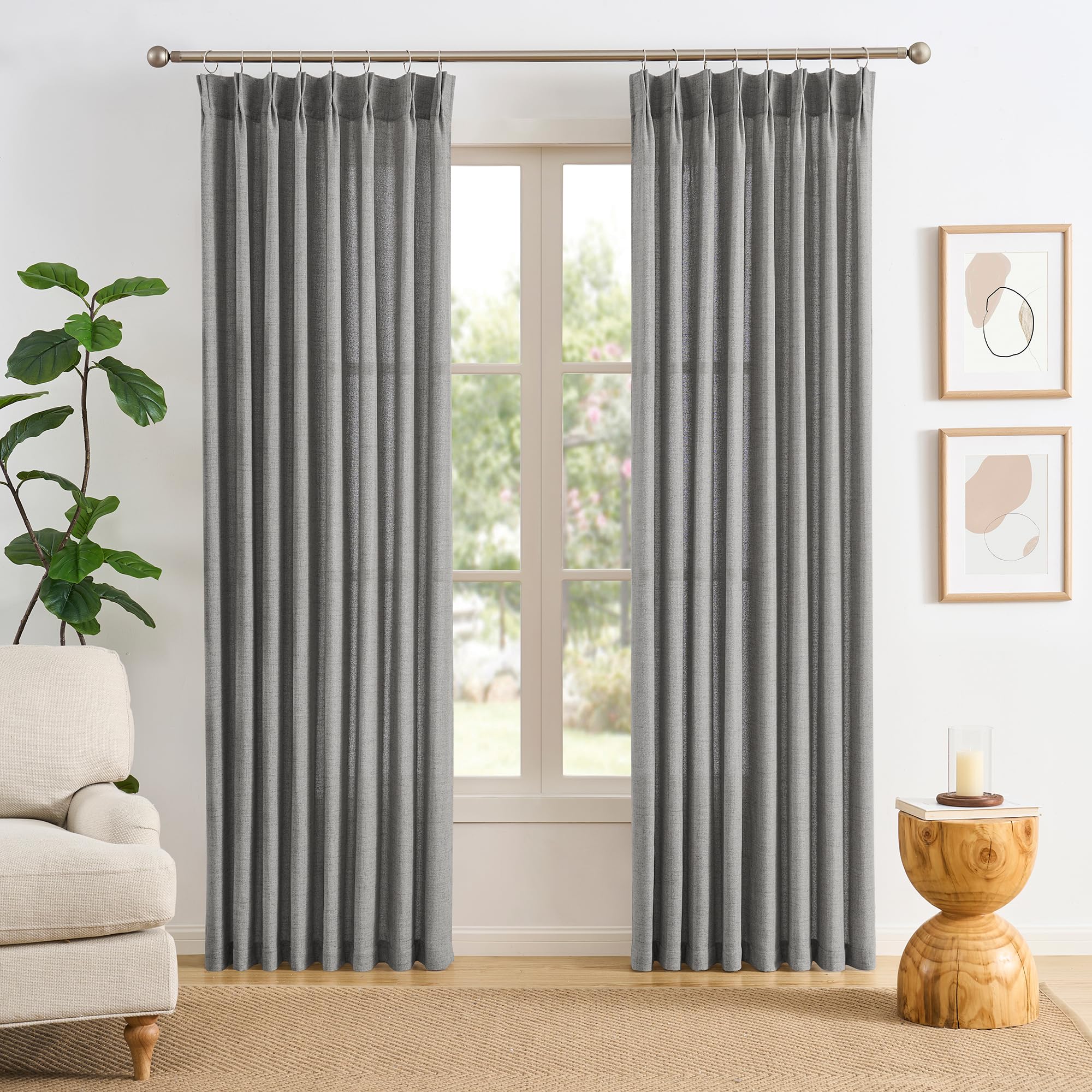 RAIN CITY 102 Inch Curtains Pinch Pleated 2 Panels Set, Back Tab with Hooks Semi Sheer Linen Curtains for Living Room Primitive Window Drapes for Sliding Door Sand Beach Decor 42 Each Wide