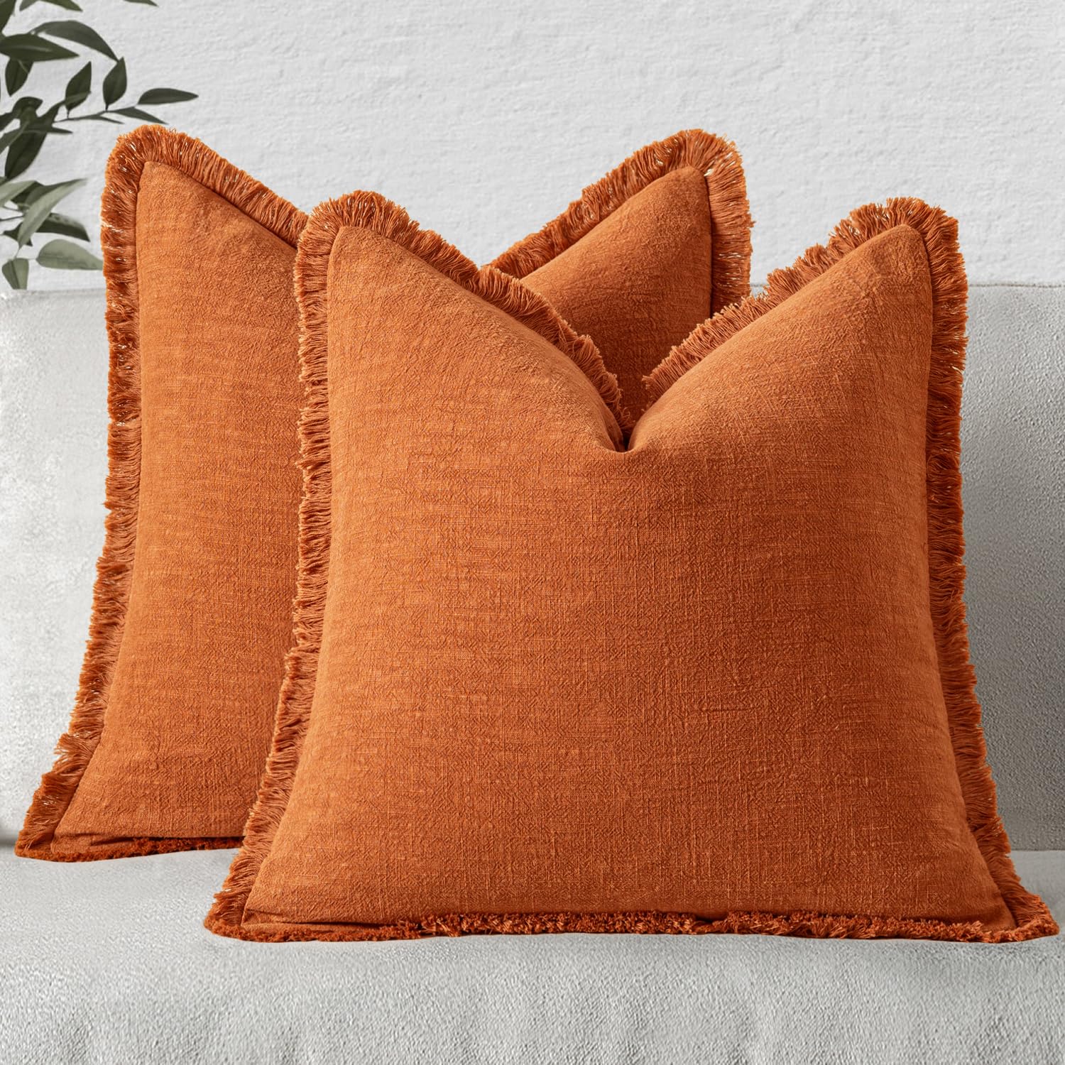 MIULEE Decorative Throw Pillow Covers Neutral Linen Fringe Throw Pillows Set of 2 Natural Linen Boho Farmhouse Cushion Covers with Tassels for Couch Sofa Bed Spring Home Decor 28x28 Inch