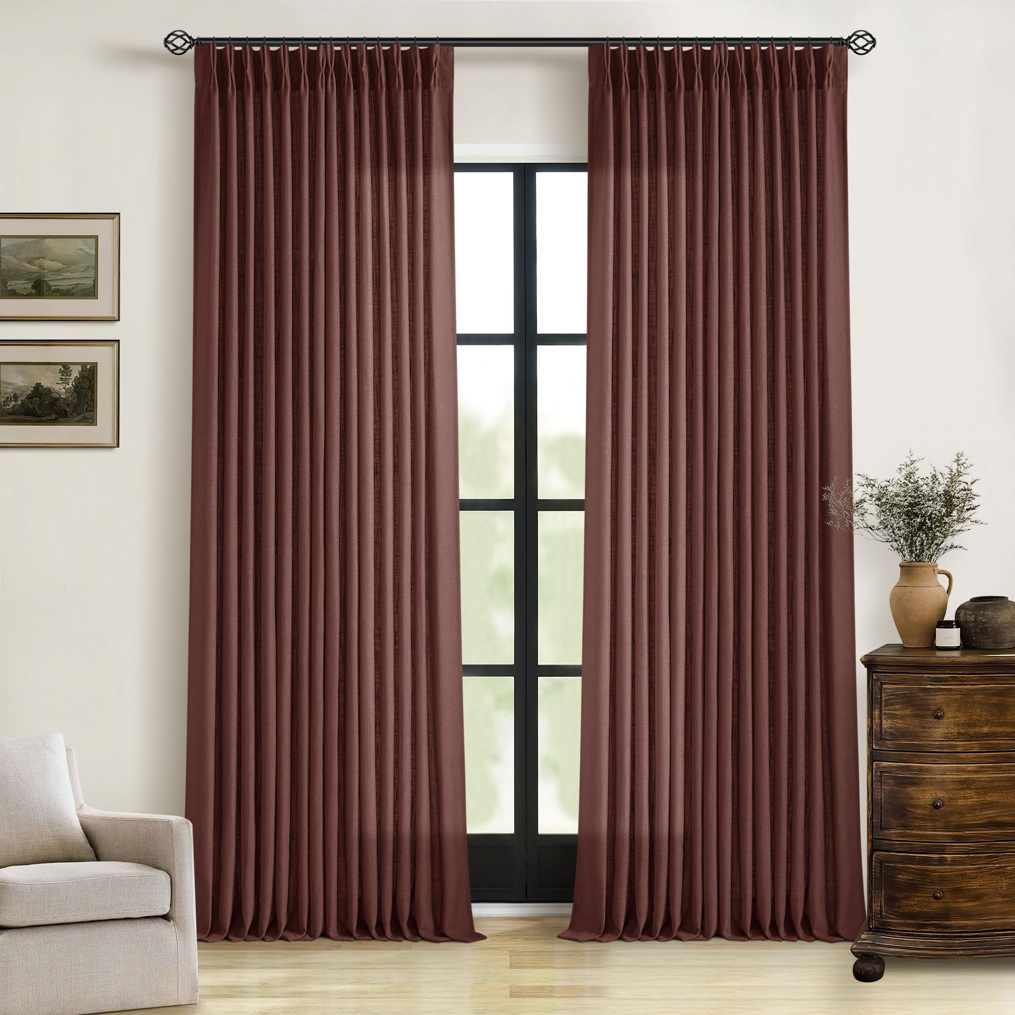 90 Inch Pinch Pleated Linen Curtains 2 Panel Set for Living Room Cream Natural Thick Linen Textured Drapes 90 Inches Long Pinch Pleat Drapes Birch Ivory Semi Sheer Curtain for Dining Bedroom Office