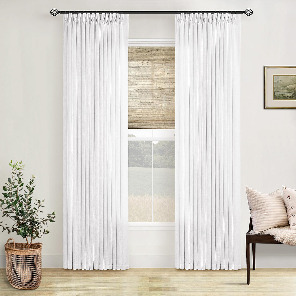 90 Inch Pinch Pleated Linen Curtains 2 Panel Set for Living Room Cream Natural Thick Linen Textured Drapes 90 Inches Long Pinch Pleat Drapes Birch Ivory Semi Sheer Curtain for Dining Bedroom Office