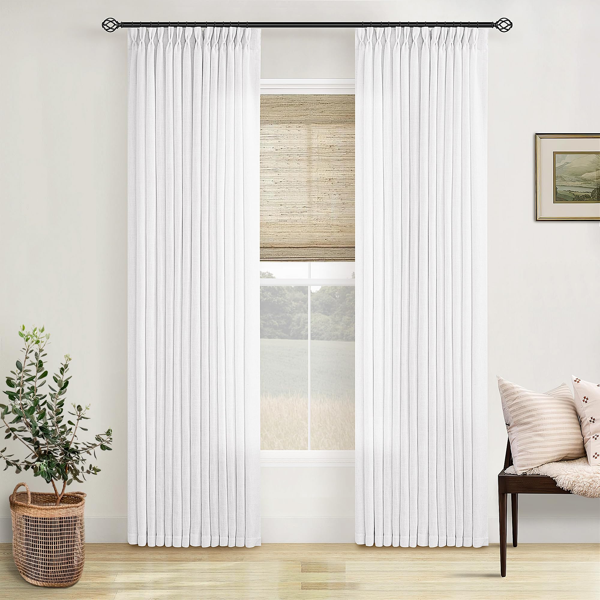 90 Inch Pinch Pleated Linen Curtains 2 Panel Set for Living Room Cream Natural Thick Linen Textured Drapes 90 Inches Long Pinch Pleat Drapes Birch Ivory Semi Sheer Curtain for Dining Bedroom Office