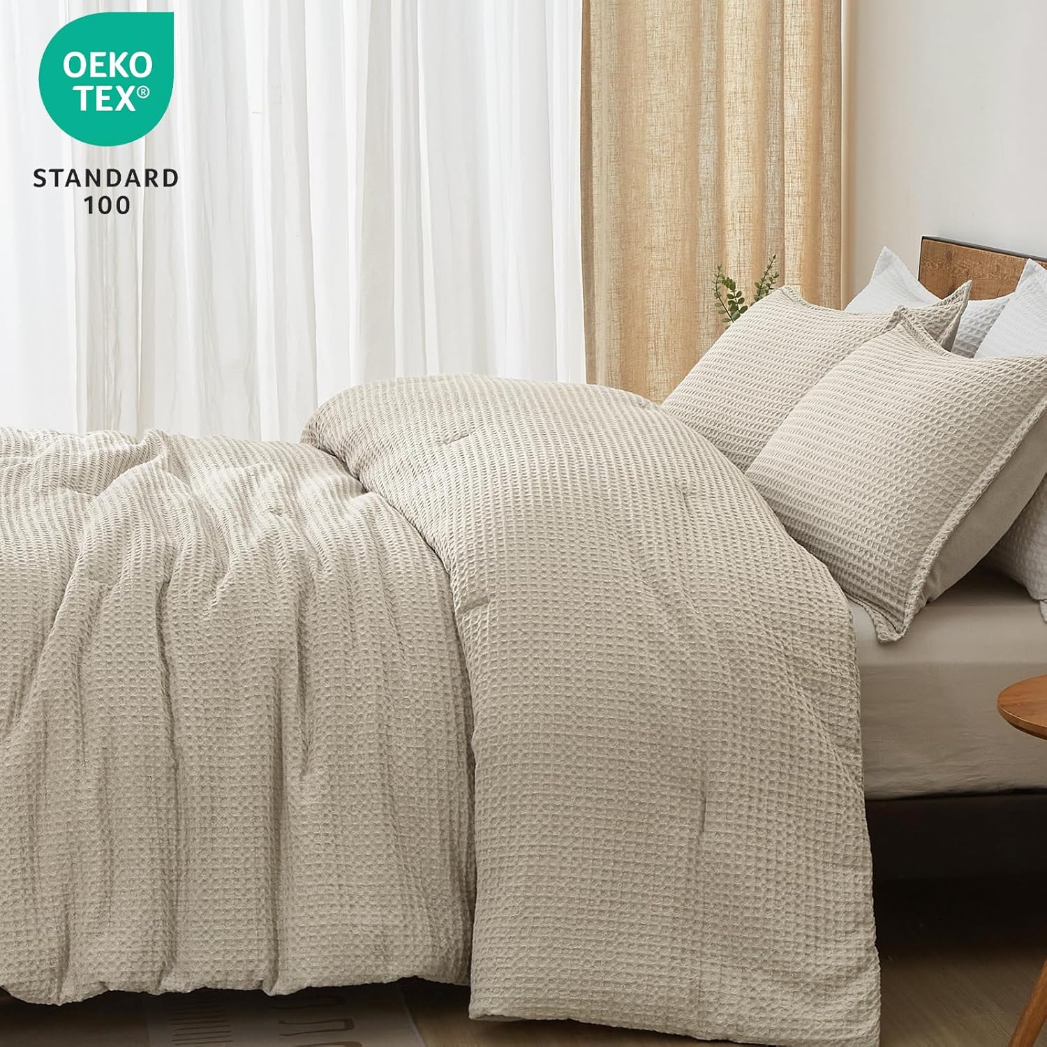 PHF Ultra Soft Waffle Weave Comforter Set Queen Size, 3 Pieces Lightweight Breathable Comfy Bedding Set, Comfy Textured 1 Comforter with 2 Pillow Shams, Linen