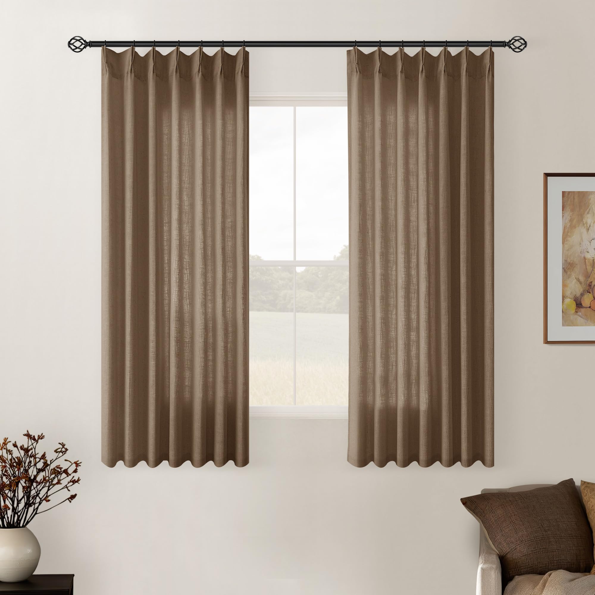90 Inch Pinch Pleated Linen Curtains 2 Panel Set for Living Room Cream Natural Thick Linen Textured Drapes 90 Inches Long Pinch Pleat Drapes Birch Ivory Semi Sheer Curtain for Dining Bedroom Office