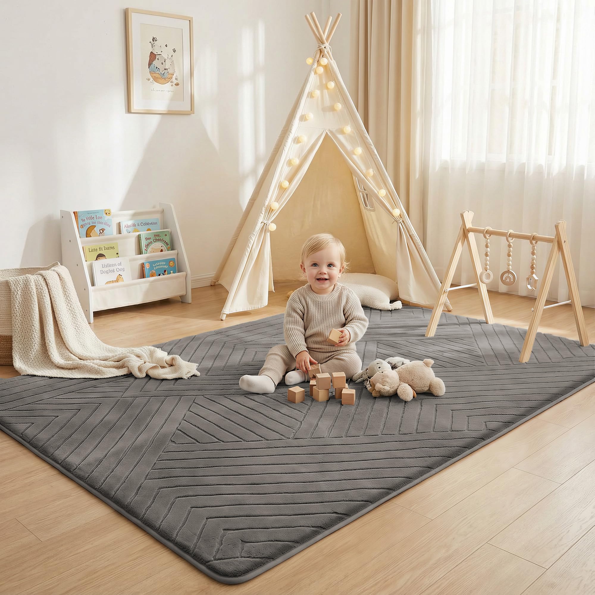Baby Play Mat for Floor 1.3" Thick Soft Fluffy Shaggy Rug for Toddler Infant Kids Crawling, 79"x 118" Nursery Mat Bedroom Living Room Waterproof Easy Care Non-Slip (Dark Grey)