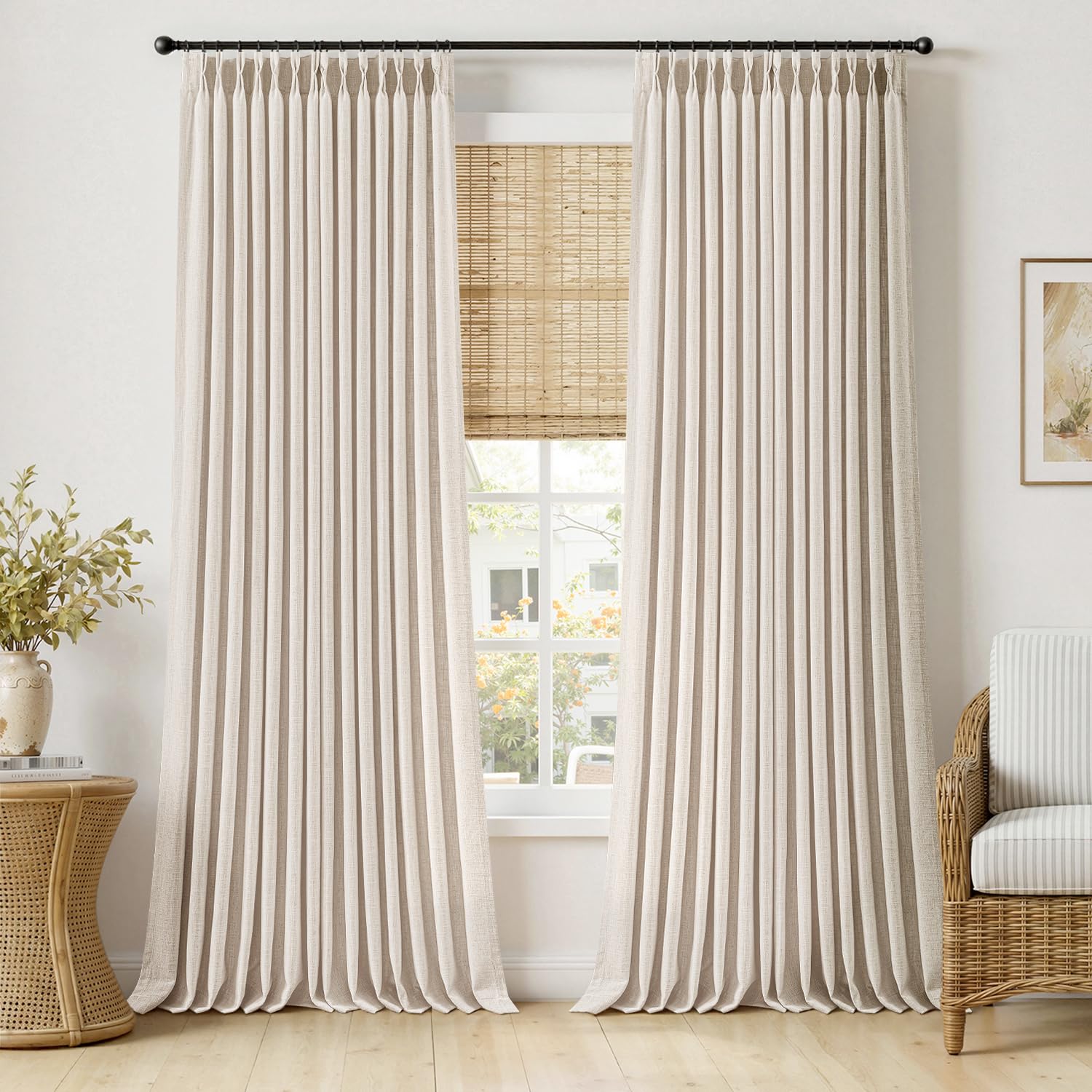 MIULEE Pinch Pleated Thick Linen Curtains 90 Inches Long 2 Panels for Living Room Bedroom, Linen Texture Memory Trained Drapes Pinch Pleat Rustic Farmhouse Window Curtains with Hooks&Rings, Taupe