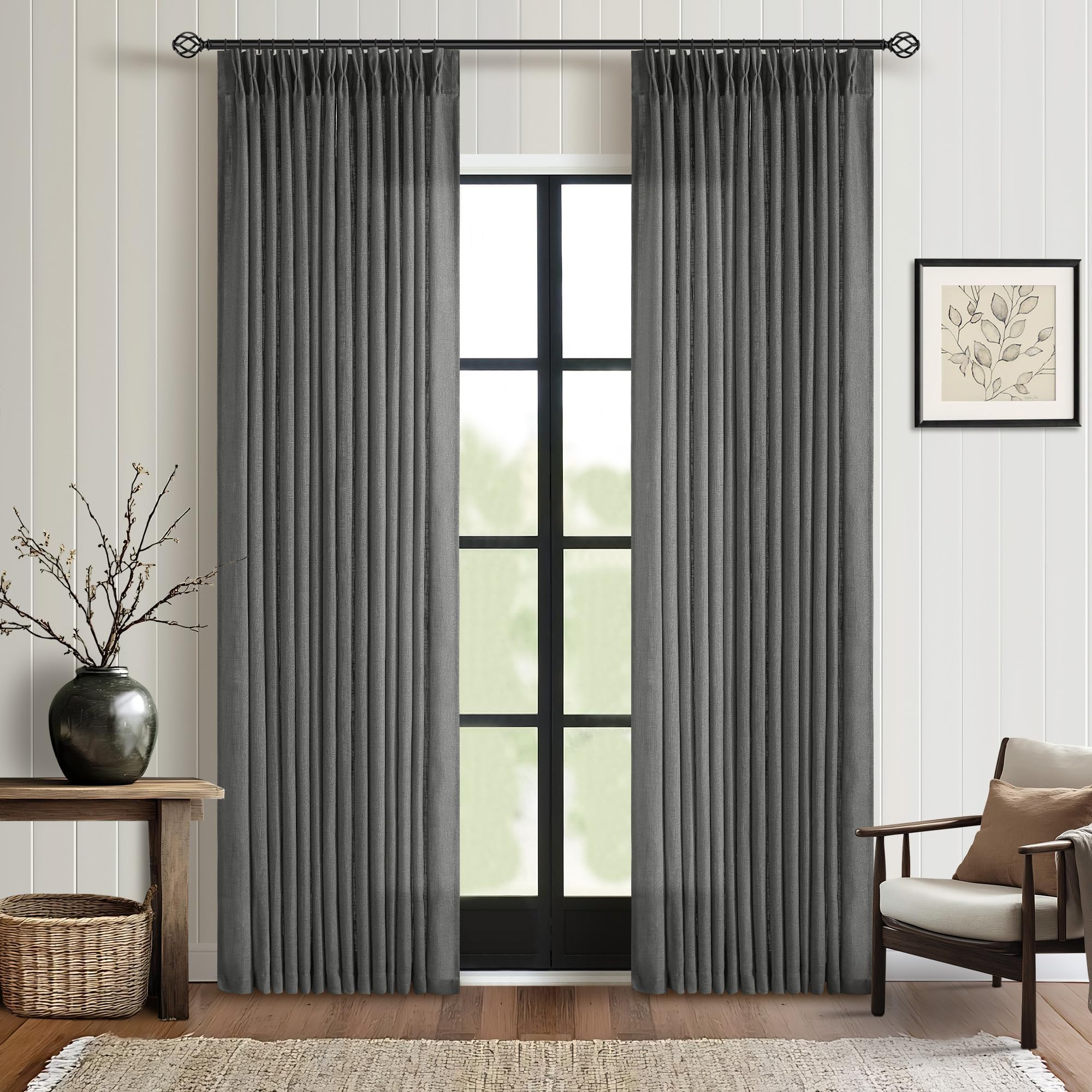 90 Inch Pinch Pleated Linen Curtains 2 Panel Set for Living Room Cream Natural Thick Linen Textured Drapes 90 Inches Long Pinch Pleat Drapes Birch Ivory Semi Sheer Curtain for Dining Bedroom Office