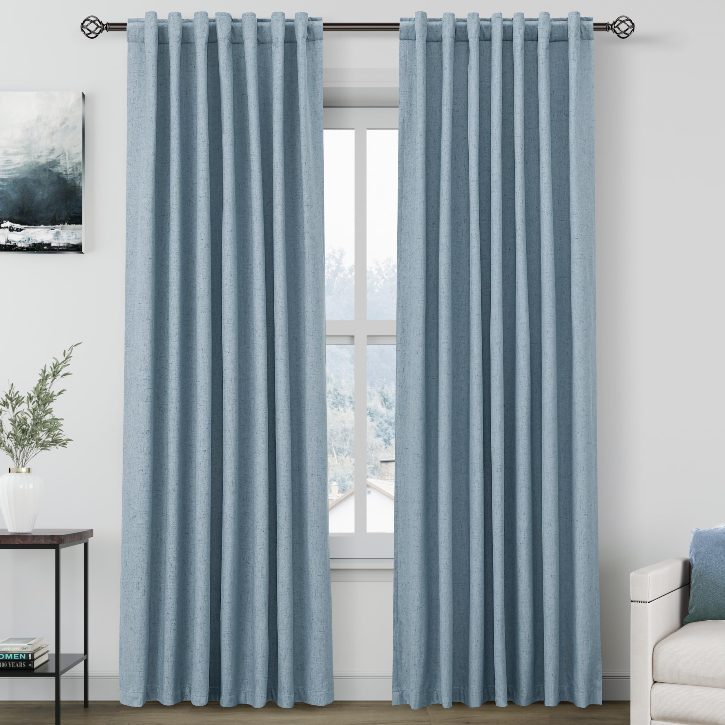Nanspring Light Grey 100% Blackout Linen Curtains for Bedroom 90 Inches Long Back Tab Thermal Insulated Modern Luxury Simple Black Out Curtain for Living Room Dining Room Drapes 52x90, 2 Panels
